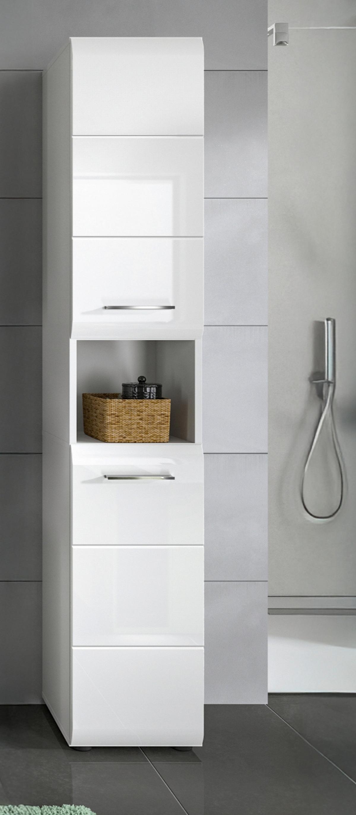 HOCHSCHRANK weiß Hochglanz, Badschrank 30 cm mit viel Stauraum - Weiß Hochglanz/Silberfarben, Holzwerkstoff/Kunststoff (30/185/30cm) - Inn.Furn