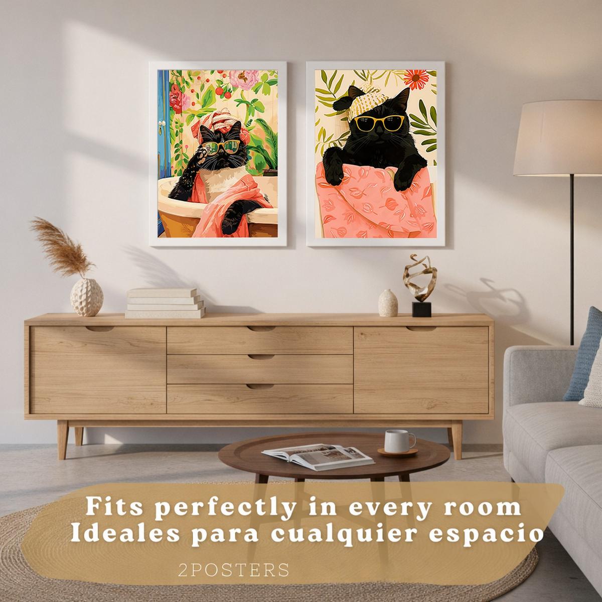 POSTER 2er Kunstdruck-Set Wandbilder Katzen Badezimmer modern Wohnzimmer Deko, Schlafzimmer, Küche Rahmenlos A4 - Klar, Papier (29.7/1/21cm) - Nacnic