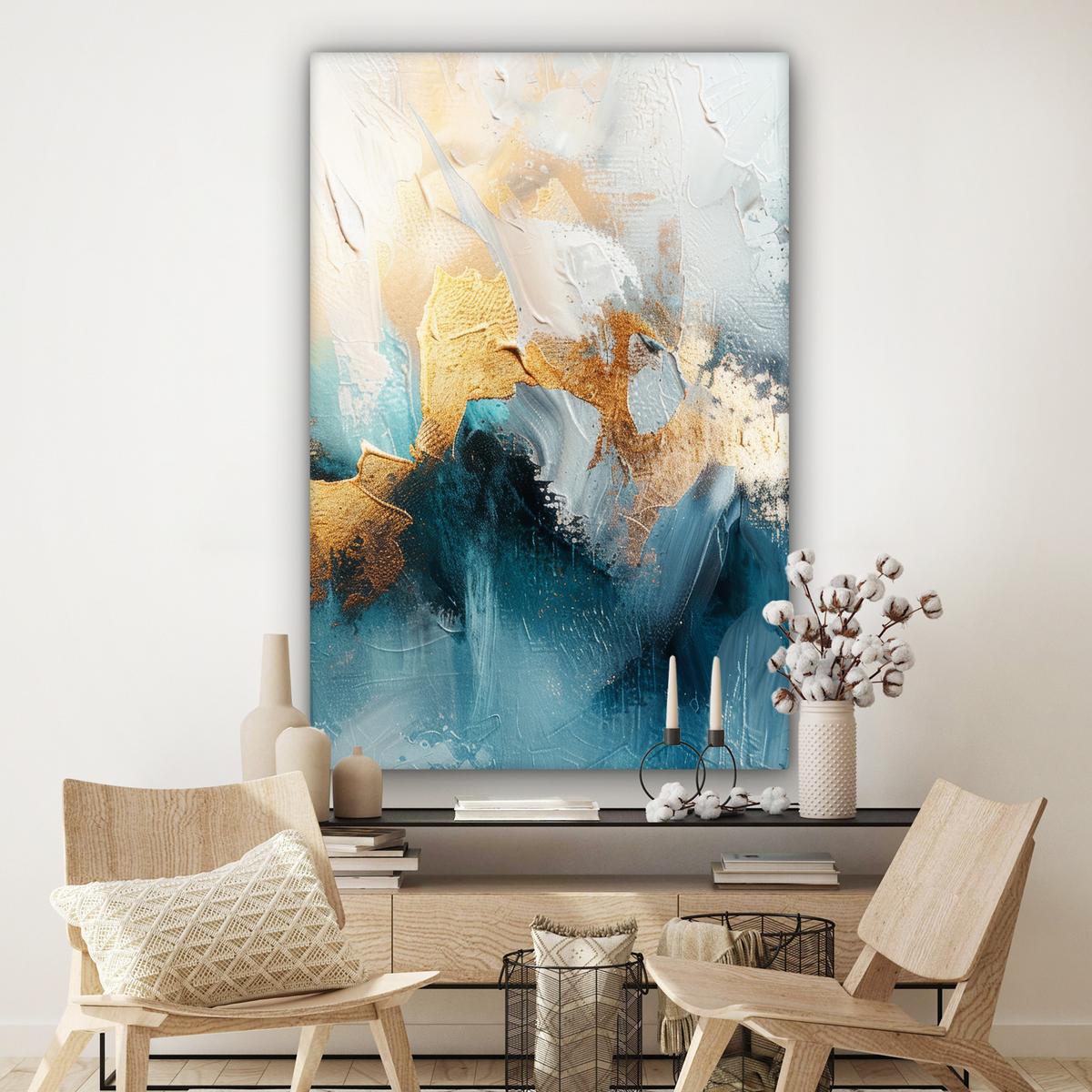 LEINWANDBILD Abstrakt - Kunst - Gold - Blau Deko Groß 90x140 cm - Petrol, Textil (90/140cm) - MuchoWow