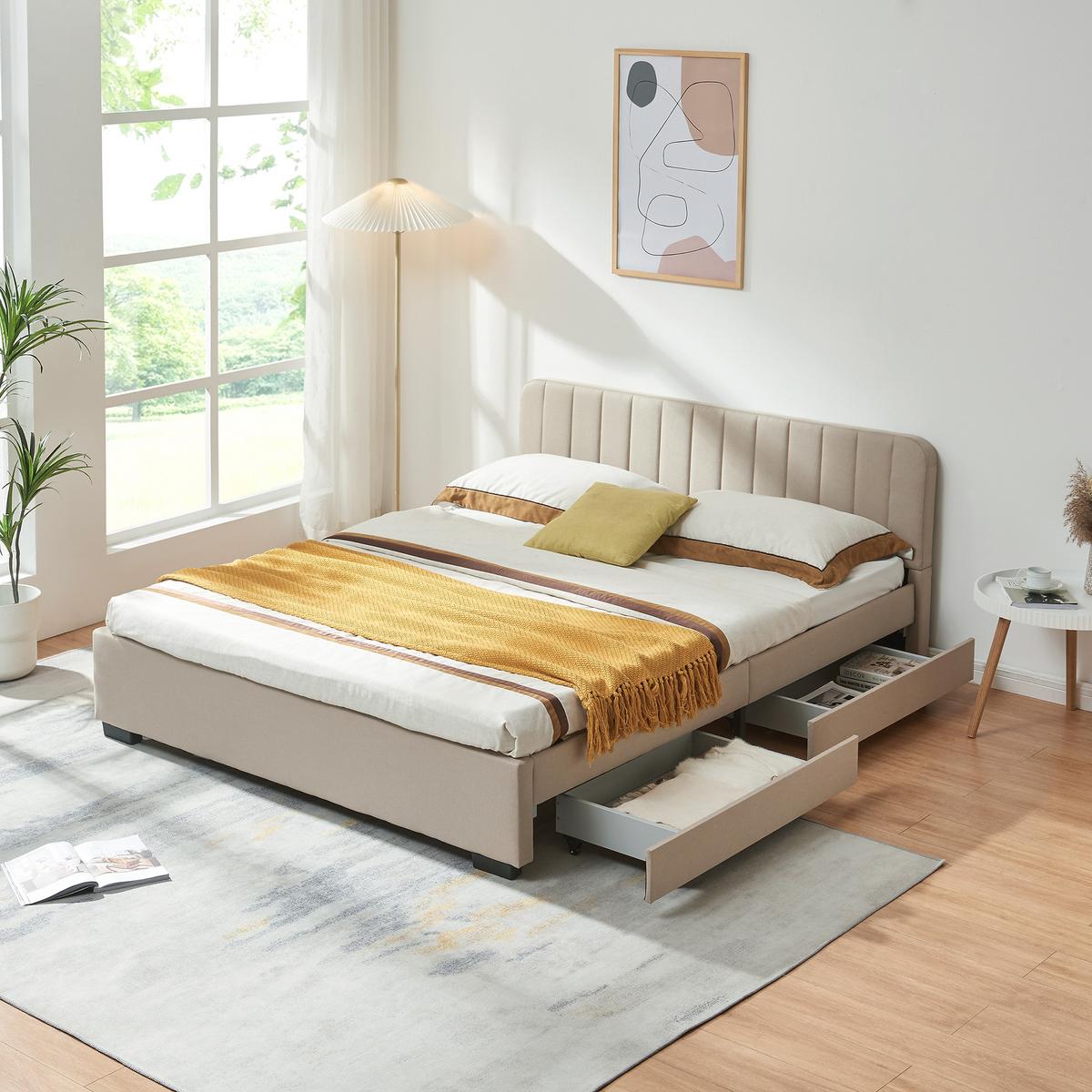 POLSTERBETT Nofrenna - Beige/Schwarz, Holzwerkstoff/Kunststoff (140/200cm) - [en.casa]