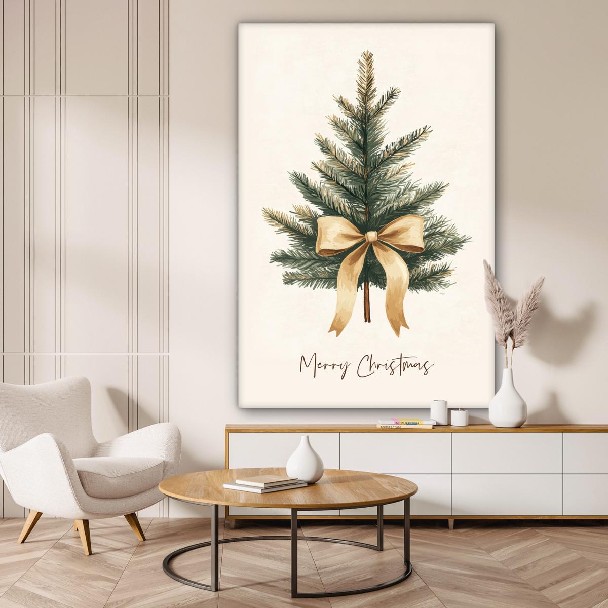 LEINWANDBILD Weihnachtsbaum - Weihnachten - Frohe Weihnachten - Beige Deko Groß 90x140 cm - Sandfarben, Textil (90/140cm) - MuchoWow