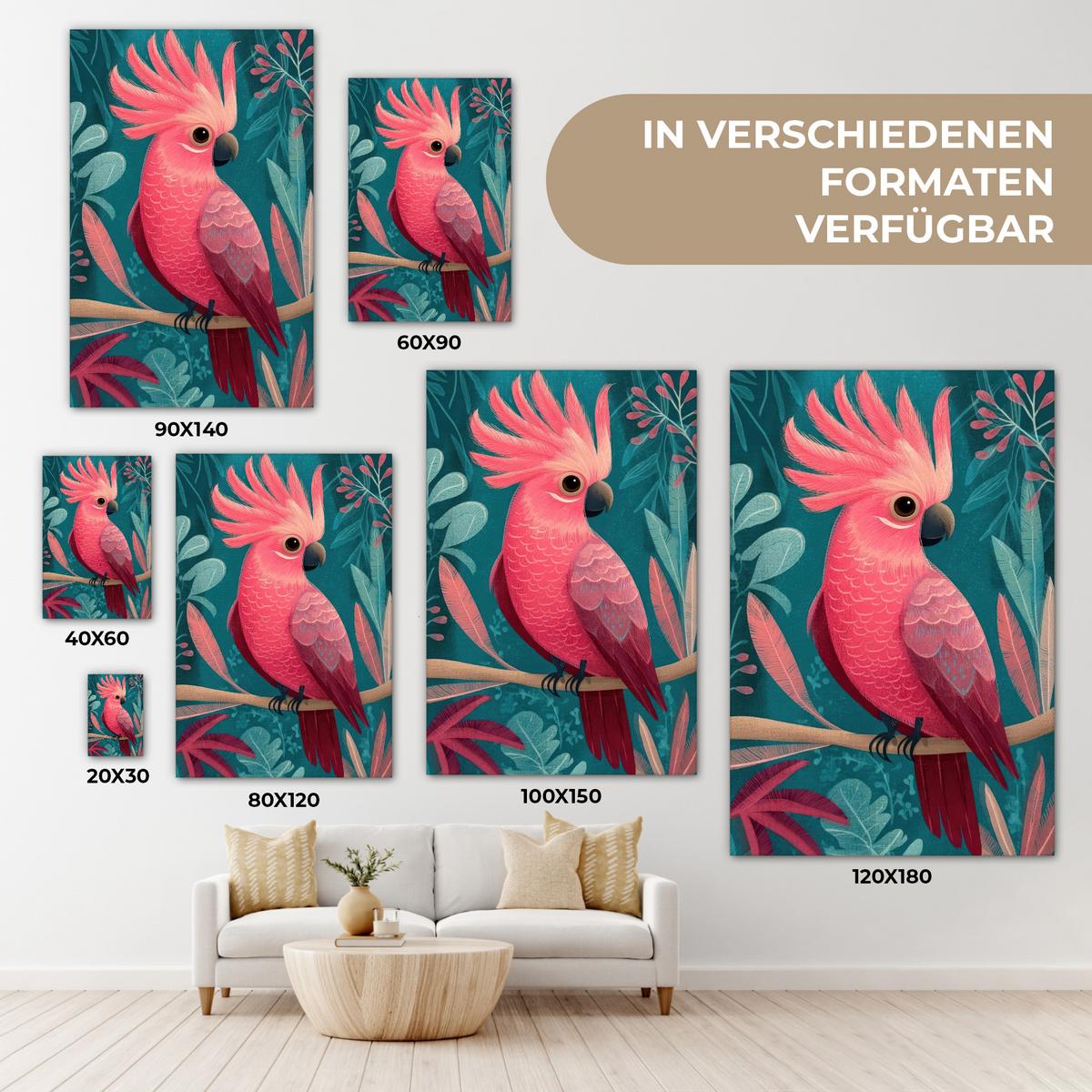 LEINWANDBILD Kakadu - Tropische Blätter - Zweig Deko Wohnzimmer 20x30 cm - Petrol, Textil (20/30cm) - MuchoWow