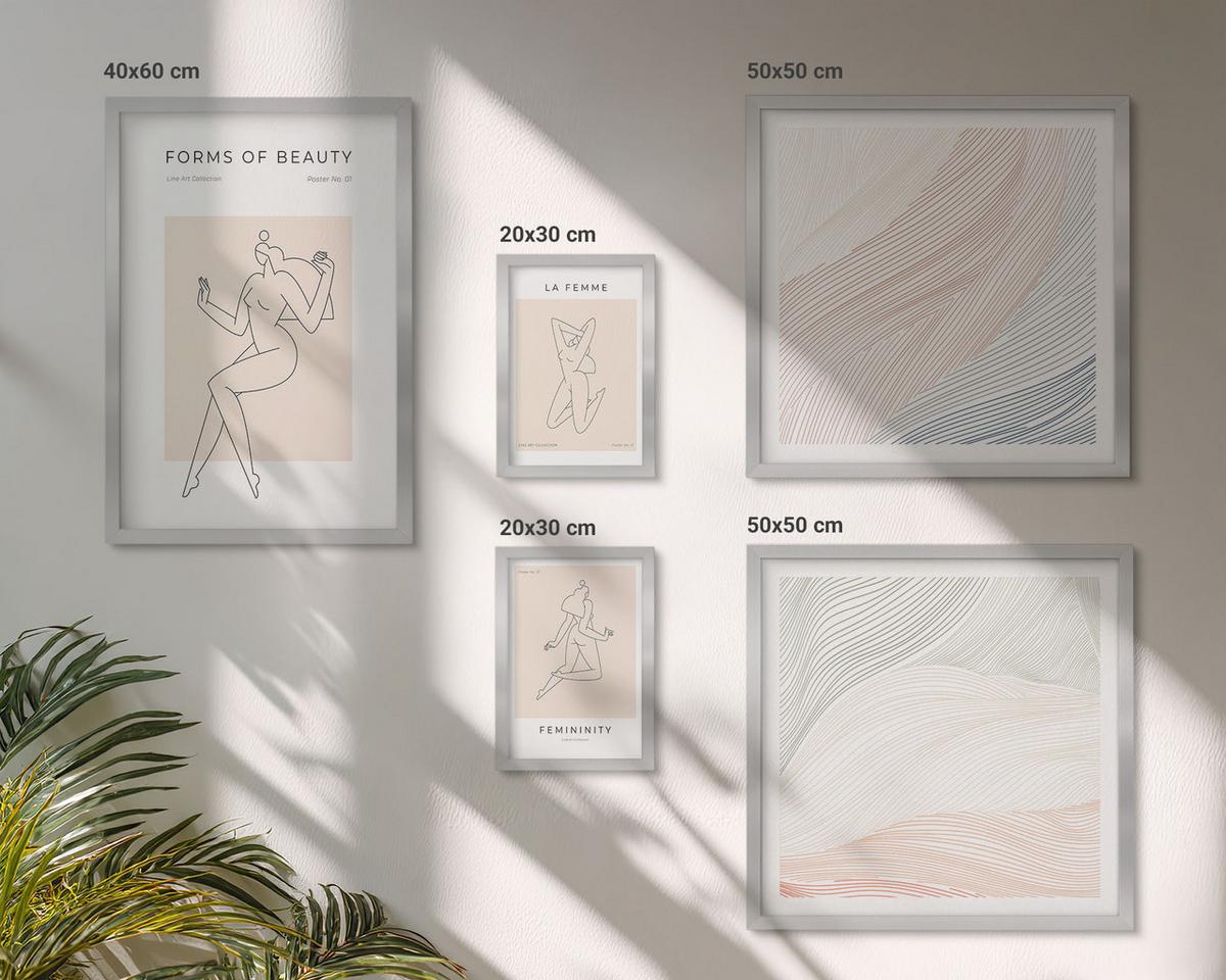 BILDER SET 5er Set - 50x50 cm & 20x30 cm & 40x60 cm Silberner Rahmen - Weibliche Silhouetten auf Plakaten - Silberfarben, Kunststoff (40/60cm) - TULUP