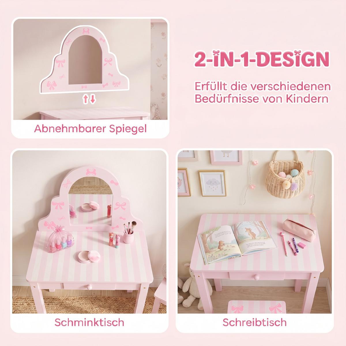 KINDER-SCHMINKTISCH-SET MDF Acryl Rosa - Rosa/Weiß, Holz/Holzwerkstoff (34/82/55cm) - AIYAPLAY