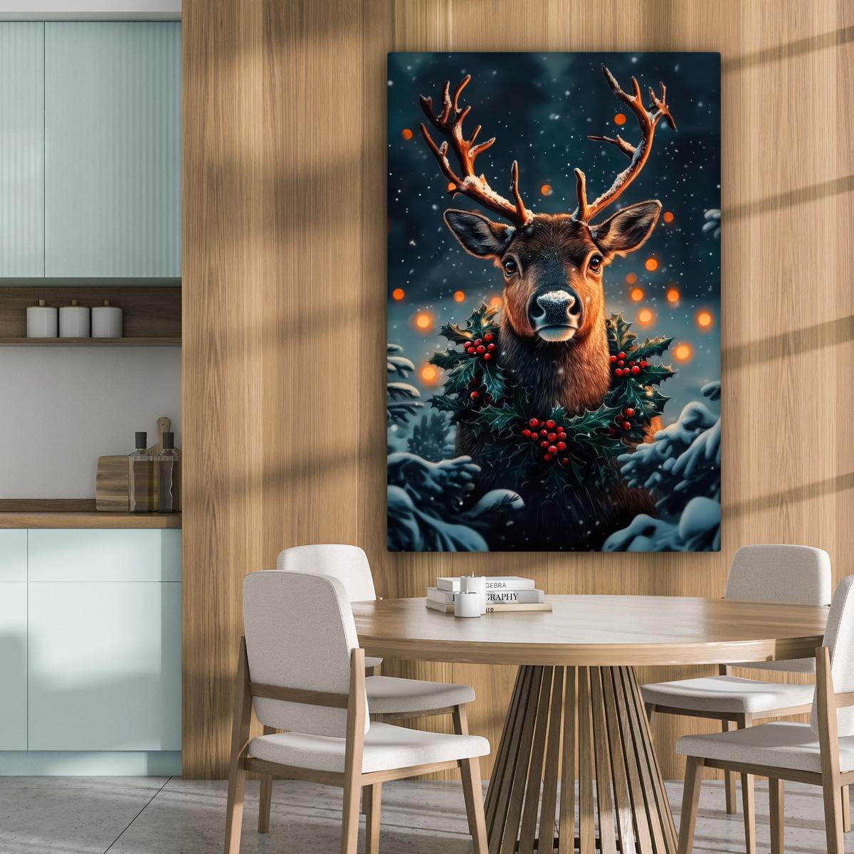 LEINWANDBILD Hirsch - Weihnachten - Winter - Schnee - Weihnachtskranz Deko XXL 80x120 cm - Dunkelbraun, Textil (80/120cm) - MuchoWow