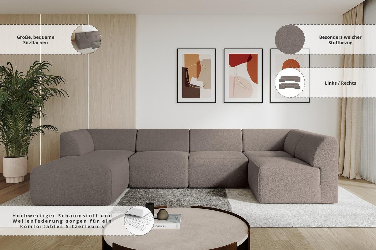 WOHNLANDSCHAFT Ottomane Links MOVO-L 345x180x78 cm Braun Bouclé - Braun, Holzwerkstoff/Kunststoff (345/78/180cm) - ALTDECOR