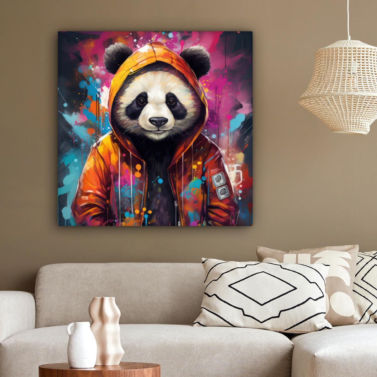 LEINWANDBILD Panda - Jacke - Graffiti - Orange Deko Groß 90x90 cm - Orange, Textil (90/90cm) - MuchoWow