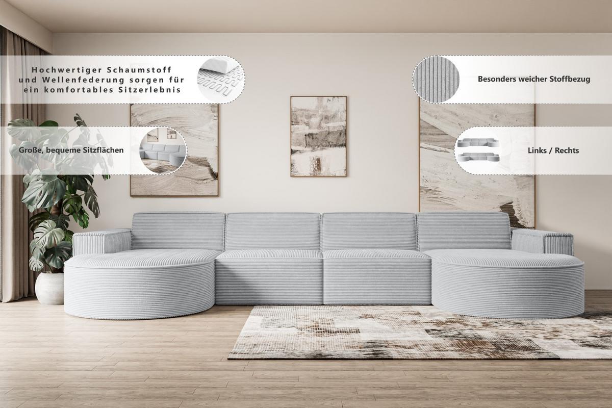 WOHNLANDSCHAFT MARI-U2 - 388x171x79 cm Grün Bouclé - Schwarz/Grün, Holzwerkstoff/Kunststoff (388/79/171cm) - ALTDECOR