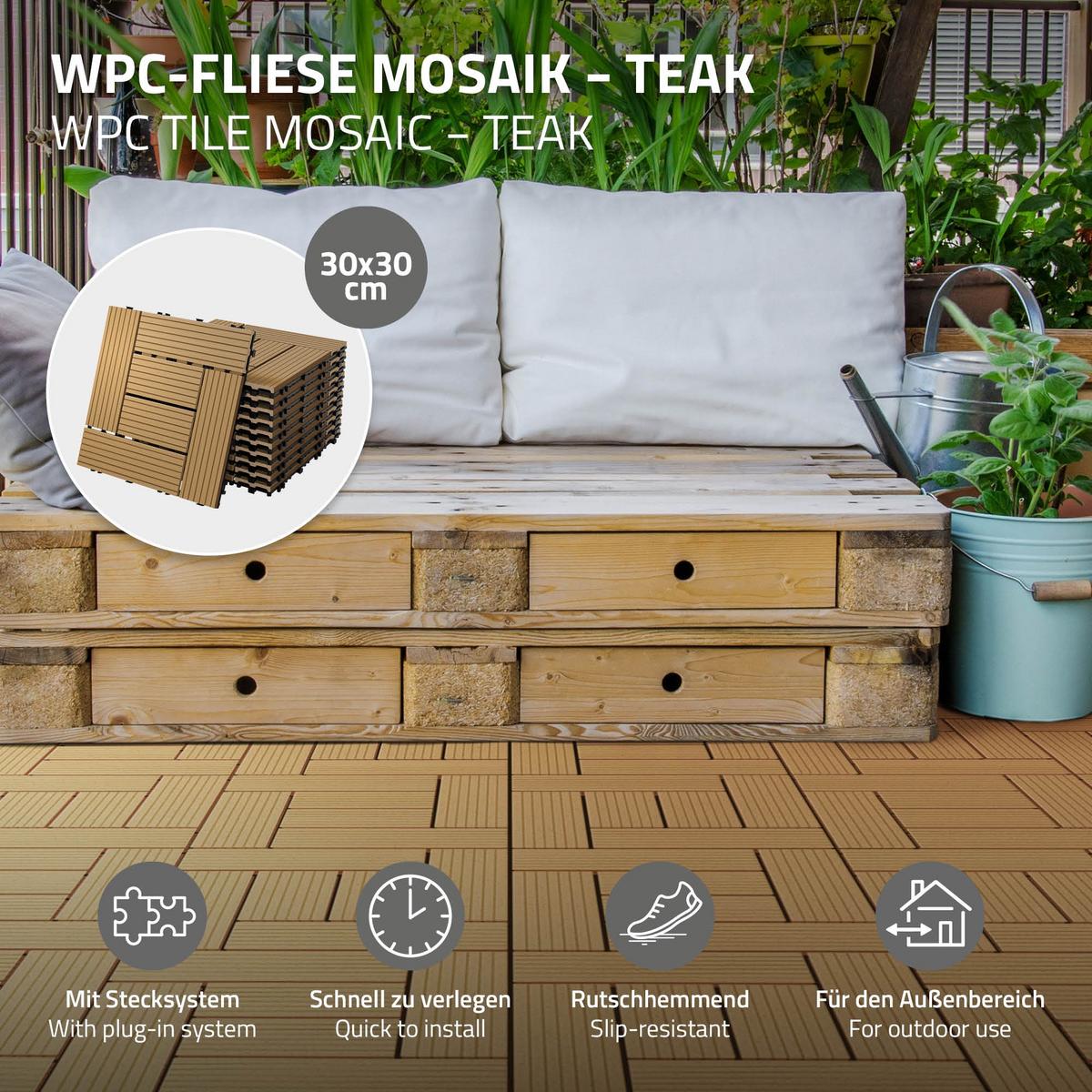 BODENPLATTE Mosaik 2er Set - Teakfarben, Holzwerkstoff (30/30/2cm) - ECD-Germany