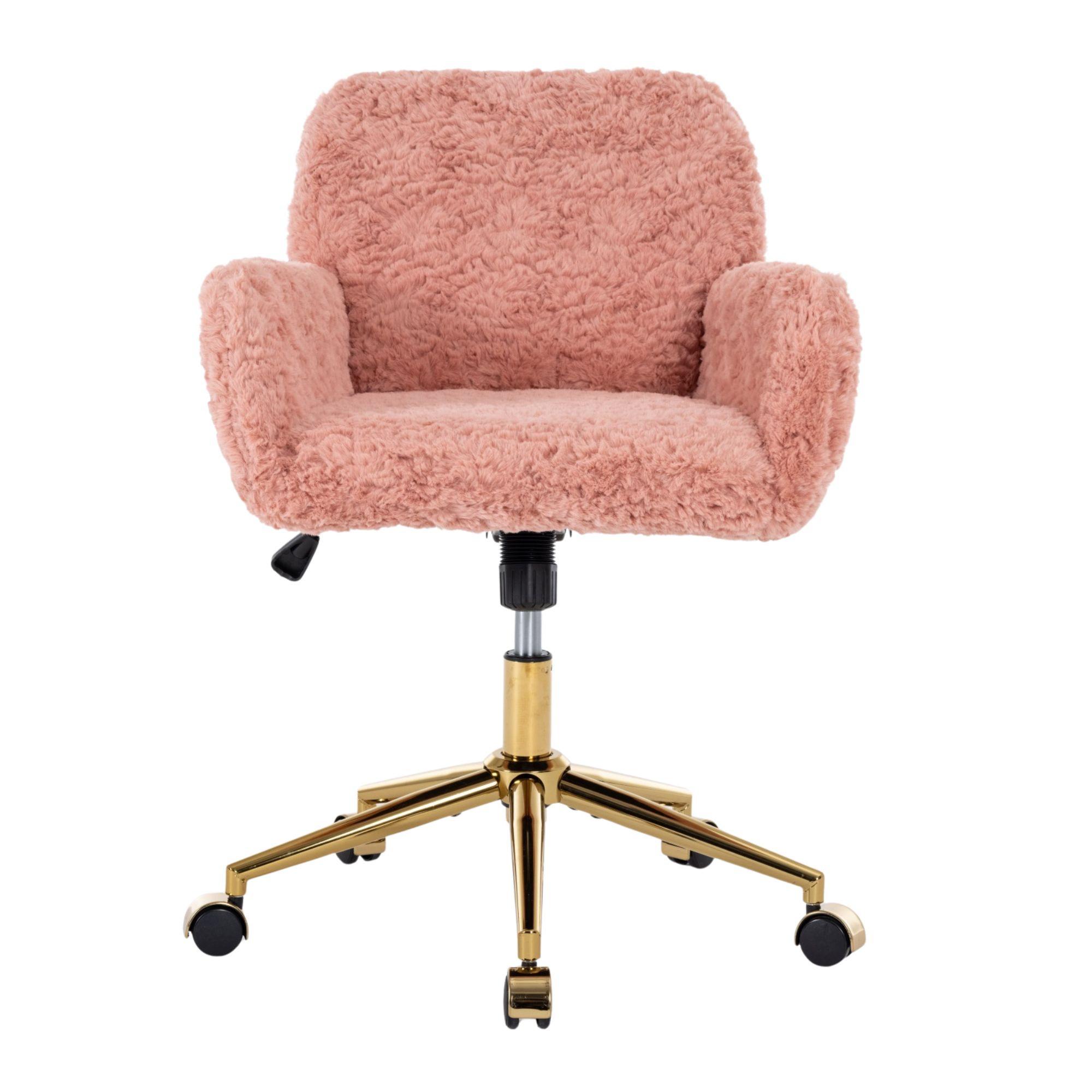 BÜROSTUHL Kunstfell Pink Höhenverstellbar Drehstuhl mit Armlehnen & Goldfuß - Pink, Textil (61/90/60cm) - Urban Meuble