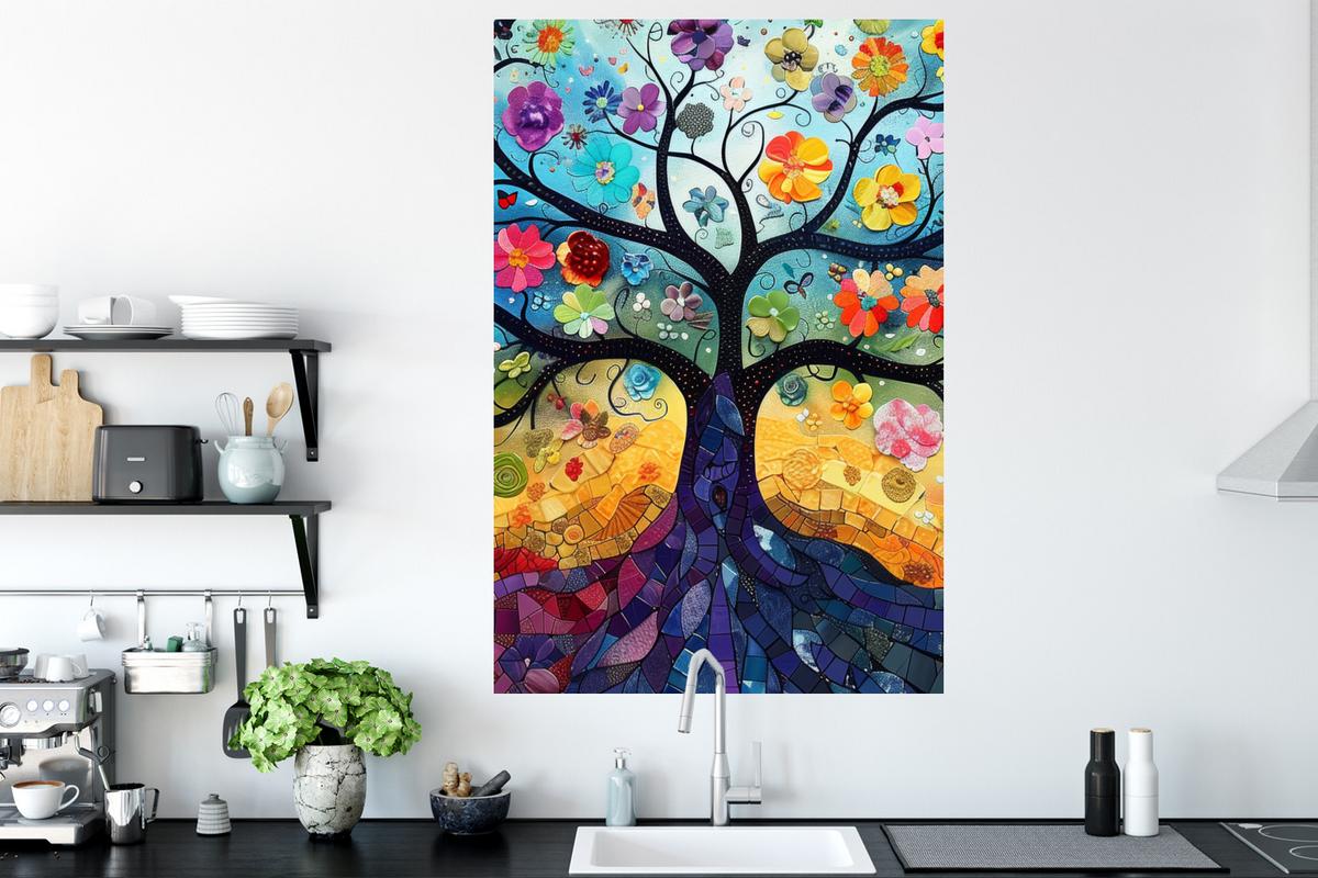 WANDTATTOO Kunst - Baum des Lebens - Blumen - Hippie Wandaufkleber 80x120 cm - Dunkelblau, Kunststoff (80/120/0.1cm) - MuchoWow