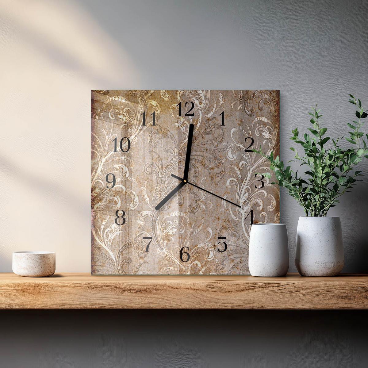 WANDUHR aus Glas 30x30 cm - Blumenmuster - Braun, Glas (30/30/0.4cm) - TULUP