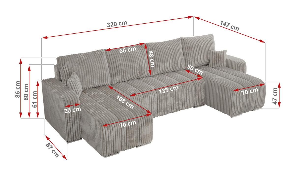 WOHNLANDSCHAFT KIRASSO U Hellgrau Cord - Hellgrau/Grau, Textil/Metall (320/86/147cm) - MKS