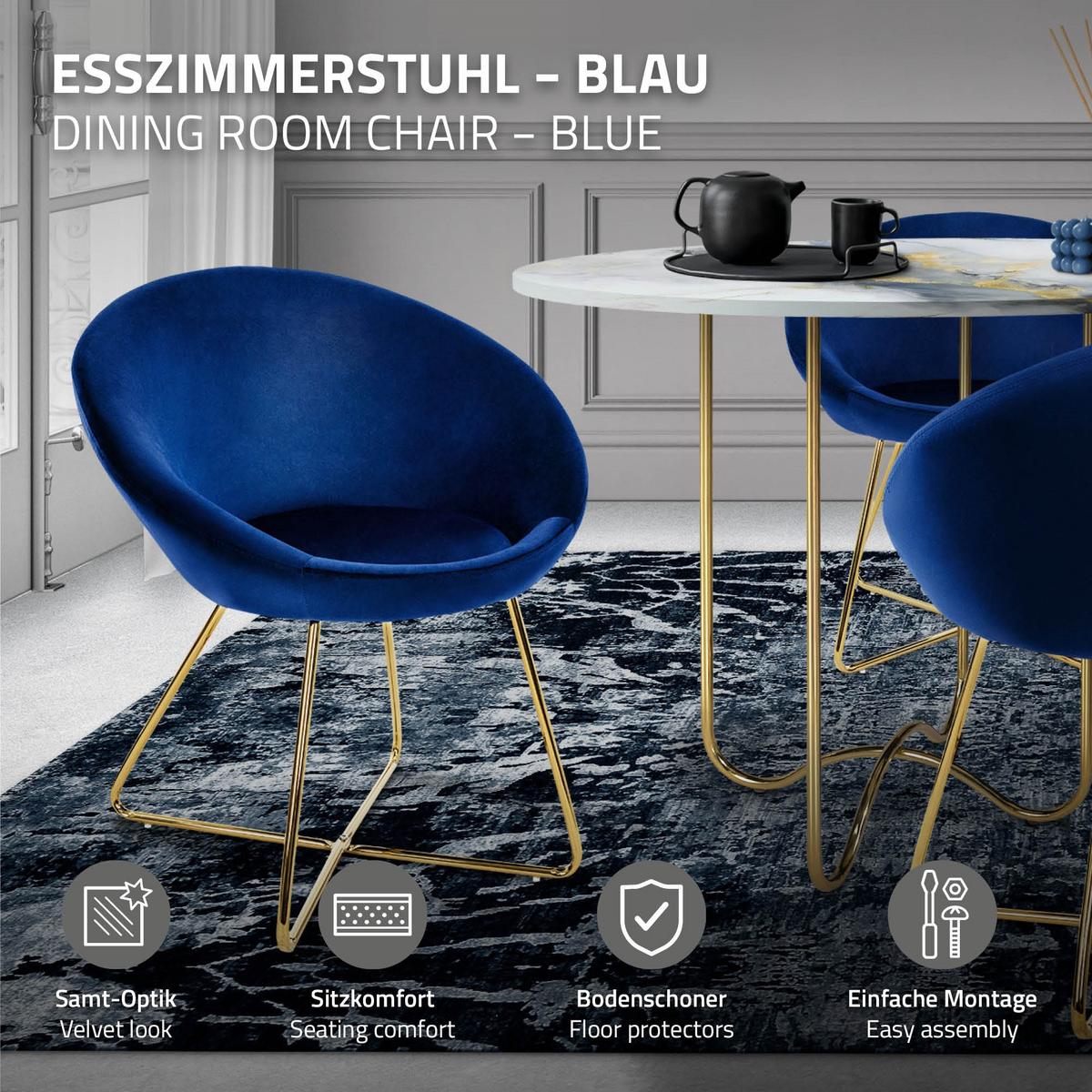 ESSZIMMERSTUHL Blau aus Samt - Blau/Goldfarben, Metall (58/74/65cm) - ML-DESIGN