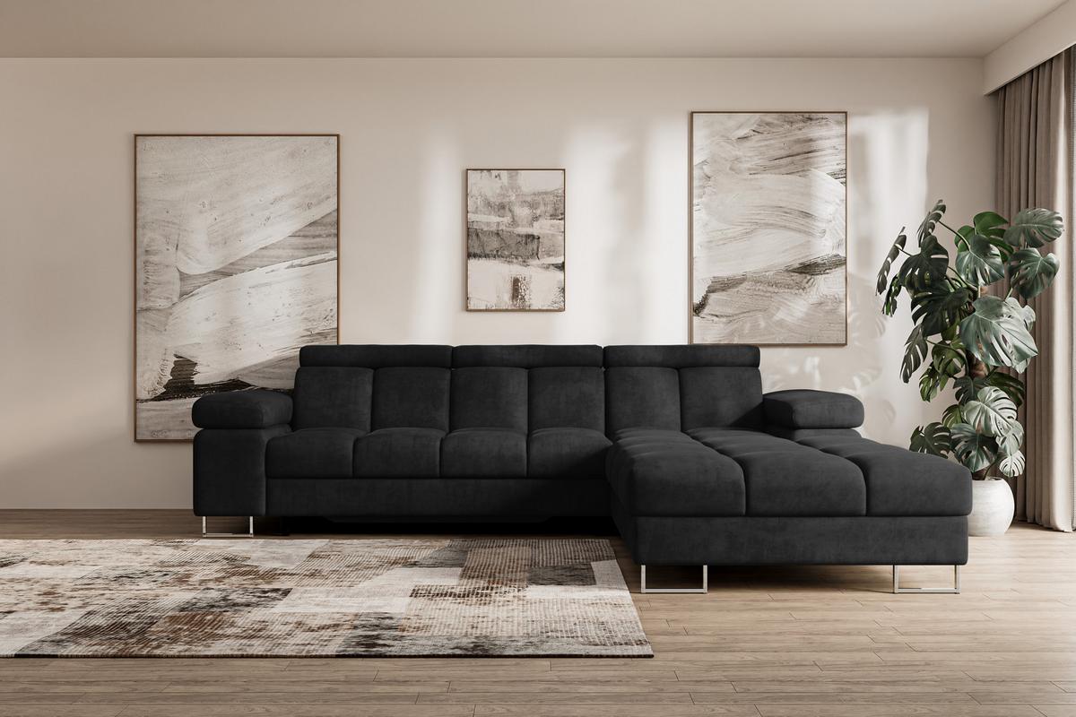 ECKSOFA mit Schlaffunktion Ottomane Rechts COMA L 271x203x79 Schwarz Velours - Schwarz, Holzwerkstoff/Textil (203/271cm) - ALTDECOR