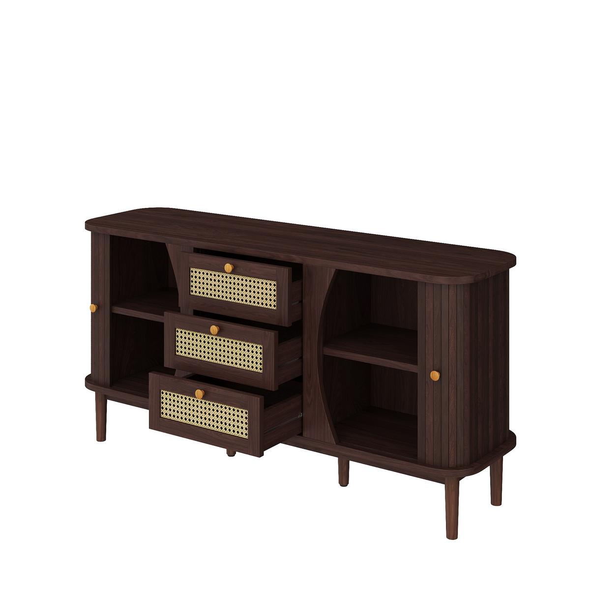 SIDEBOARD Walnuss Optik mit Rattan Schubladen und Schiebetüren - Walnussfarben, Naturmaterialien/Holzwerkstoff (140/73/40cm) - Urban Meuble