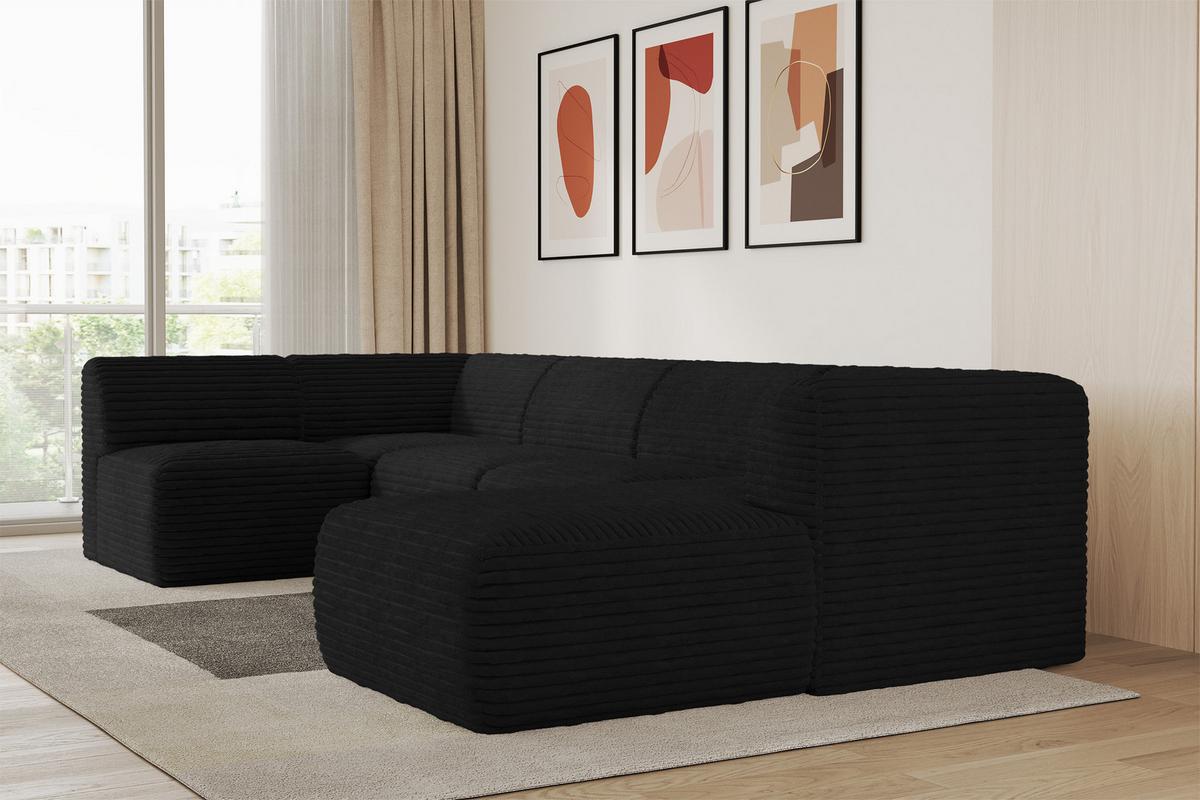 WOHNLANDSCHAFT Ottomane Rechts MOVO-L 345x180x78 cm Schwarz Cord - Schwarz, Holzwerkstoff/Kunststoff (180/78/345cm) - ALTDECOR
