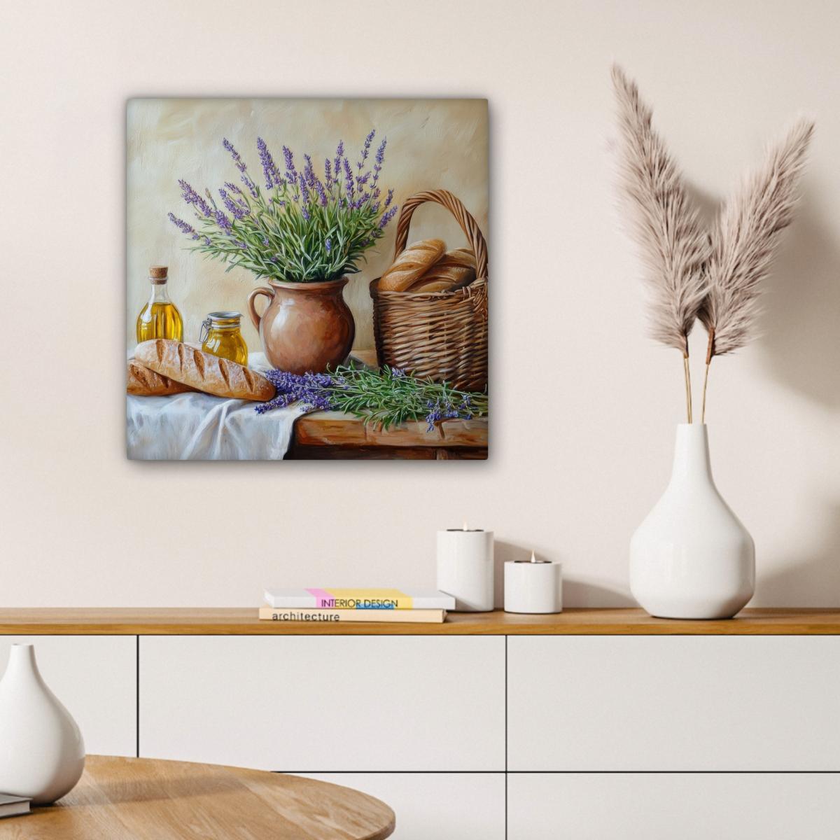 LEINWANDBILD Lavendel - Brot - Stilleben Wandbild Wohnzimmer 50x50 cm - Flieder, Textil (50/50cm) - MuchoWow