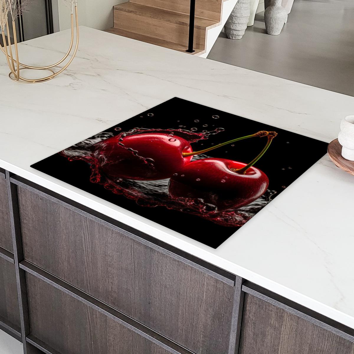HERDABDECKPLATTE Kirsche - Rot - Frucht - Wasser - Schwarz Induktionsmatte 78x78 cm - Kirschrot, Kunststoff (78/78/0.2cm) - MuchoWow