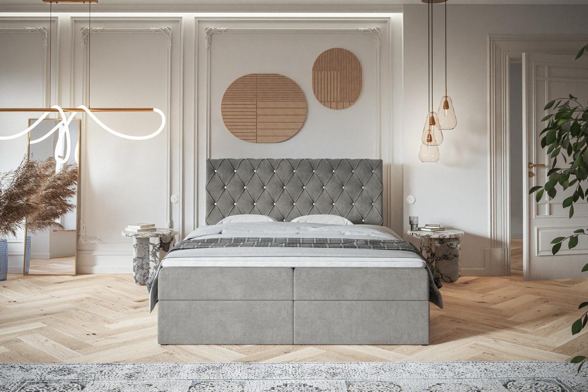 BOXBETT BOSTON mit 2 Bettkästen, 180x200, Farbe: Grau, Velourstoff, Doppelbett mit Bonell-Matratze - Grau, Holz/Kunststoff (180/200cm) - Alpi-Möbel