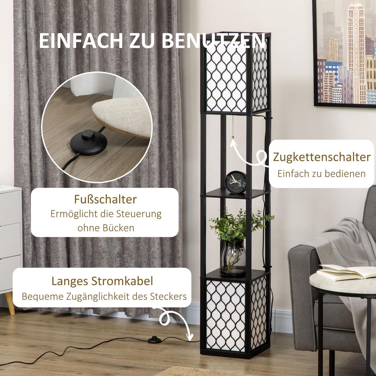 STEHLAMPE mit Regal Standlampe mit Doppellicht exkl. Leuchtmittel für Wohnzimmer - Schwarz, Kunststoff (26/26/156cm) - HOMCOM