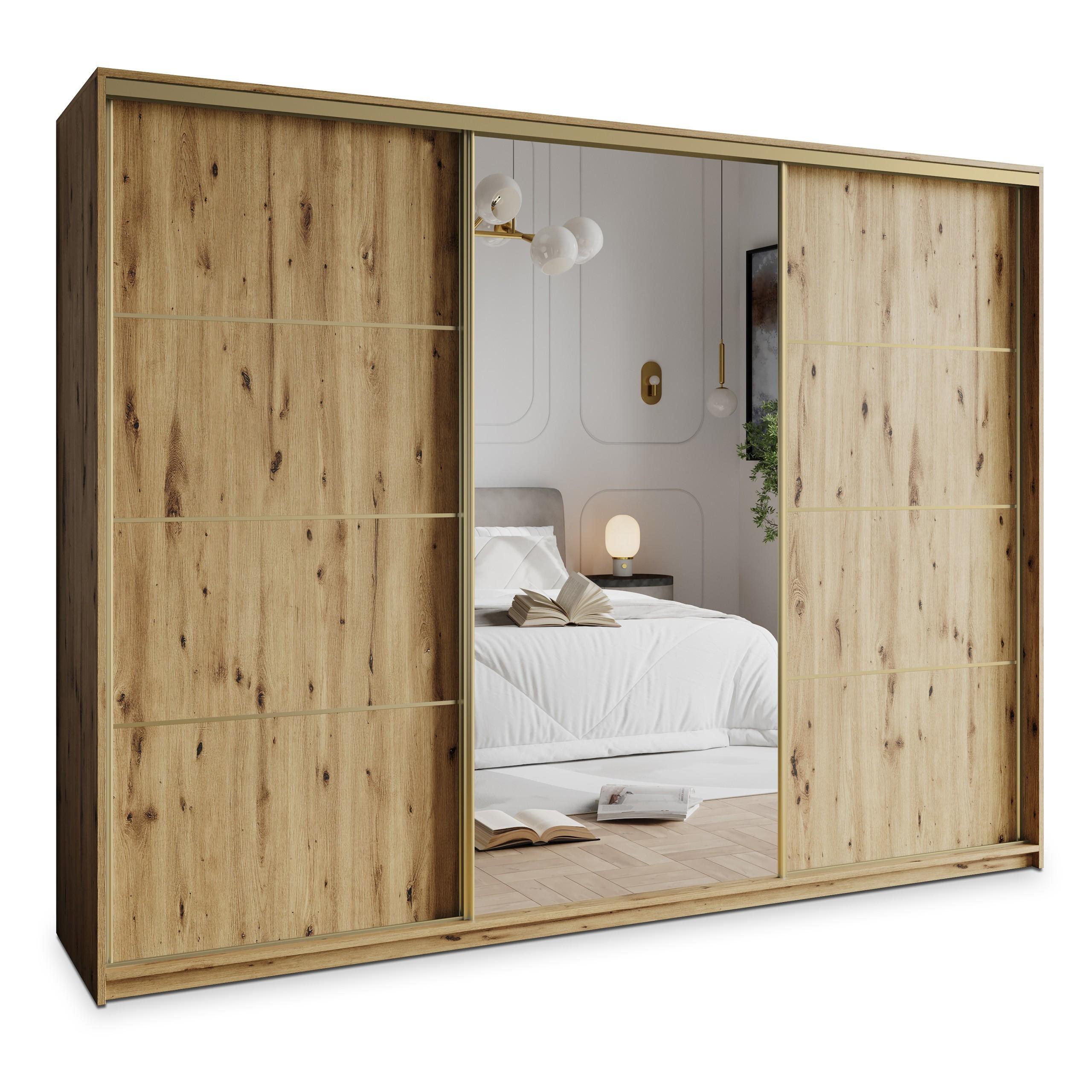 SCHWEBETÜRENSCHRANK VARO 270/205/60 cm 3-türig mit Spiegel Eiche Artisan - Eiche Artisan, Holzwerkstoff (270/205/60cm) - MASSENO
