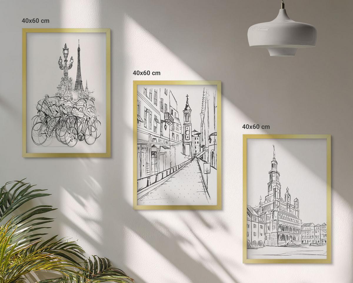 BILDER SET 3er Set - 40x60 cm Goldrahmen - Einfache Zeichnungen von Stadtlandschaften - Goldfarben, Kunststoff (40/60cm) - TULUP