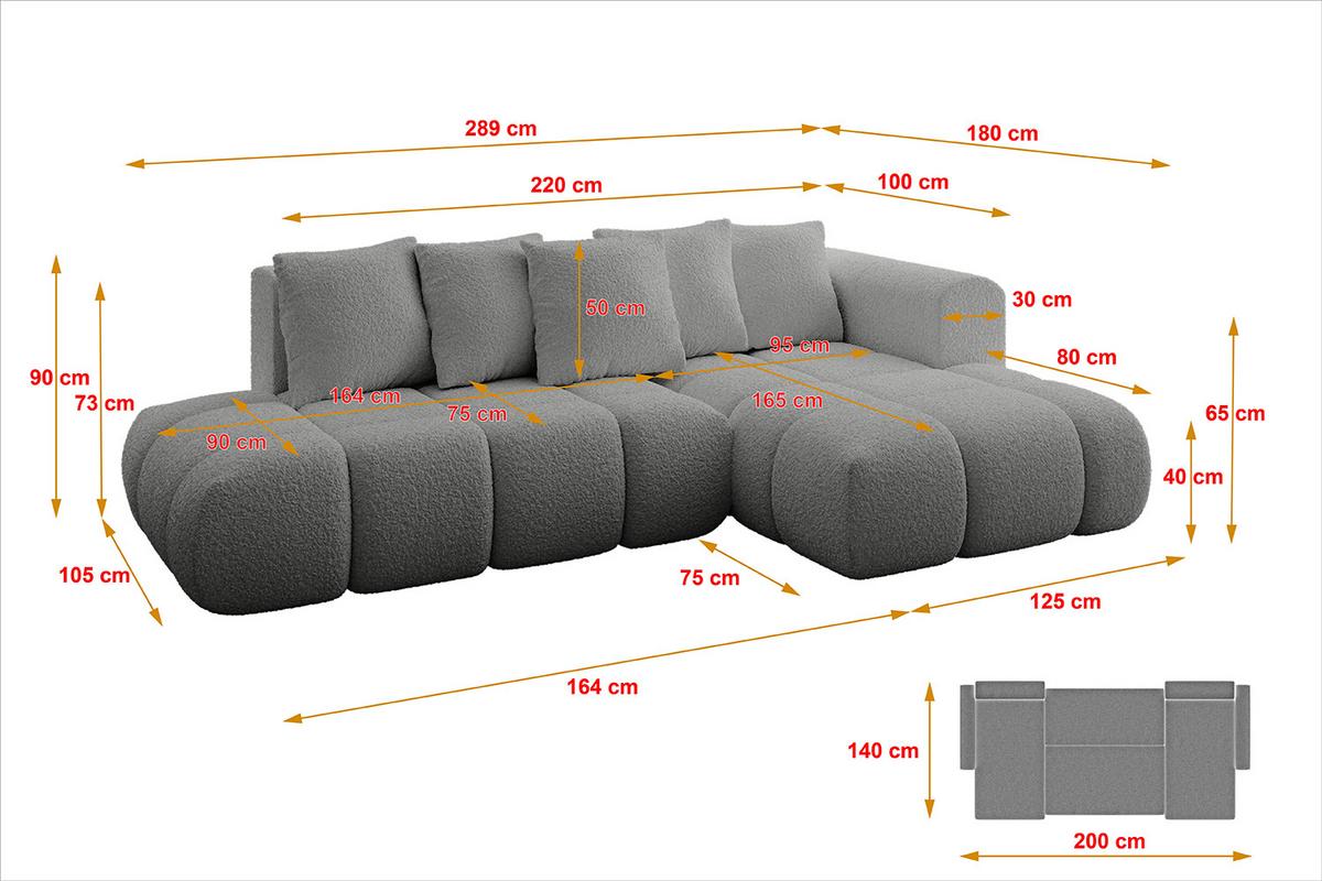 ECKSOFA Ottomane Rechts CLOUD-L-v1 280x185x90 Hellgrau Bouclé - Hellgrau, Holzwerkstoff/Kunststoff (185/280cm) - ALTDECOR