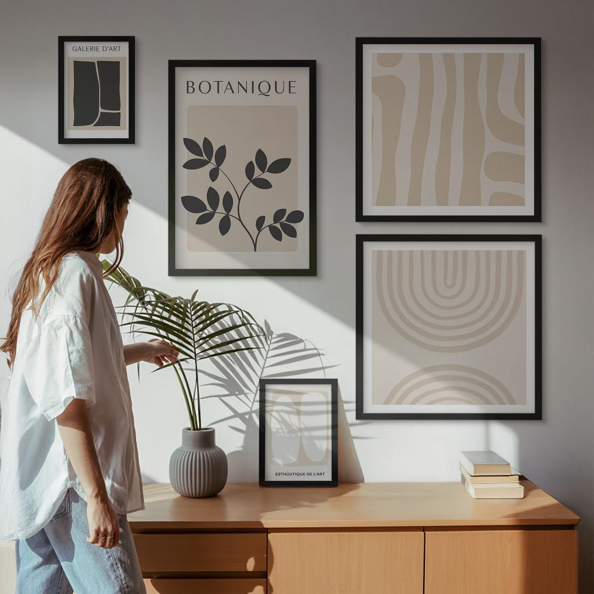 BILDER SET 5er Set - 50x50 cm & 20x30 cm & 40x60 cm Schwarzer Rahmen - Boho-Pflanzenposter - Schwarz, Kunststoff (40/60cm) - TULUP