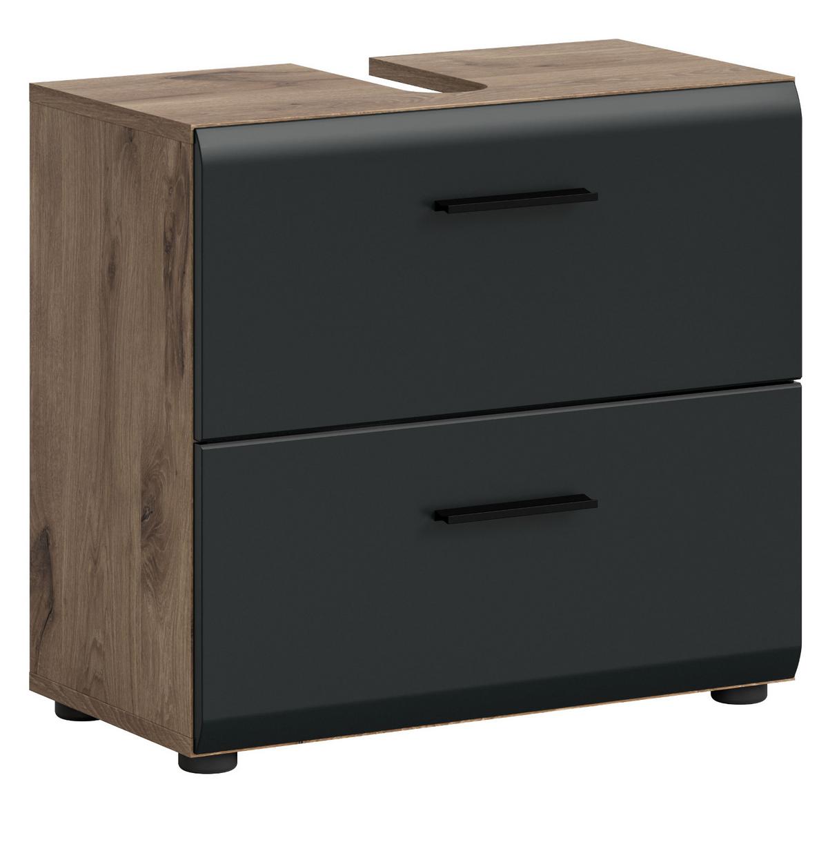 WASCHBECKENUNTERSCHRANK Schwarz matt, Eiche 60 cm, Unterschrank mit Schubladen - Eichefarben/Schwarz, Holzwerkstoff/Kunststoff (60/54/30cm) - Inn.Furn