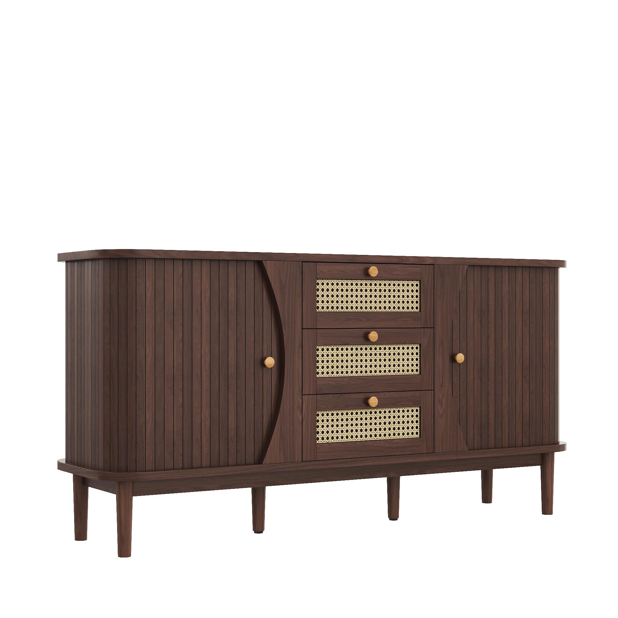 SIDEBOARD Walnuss Optik mit Rattan Schubladen und Schiebetüren - Walnussfarben, Naturmaterialien/Holzwerkstoff (140/73/40cm) - Urban Meuble