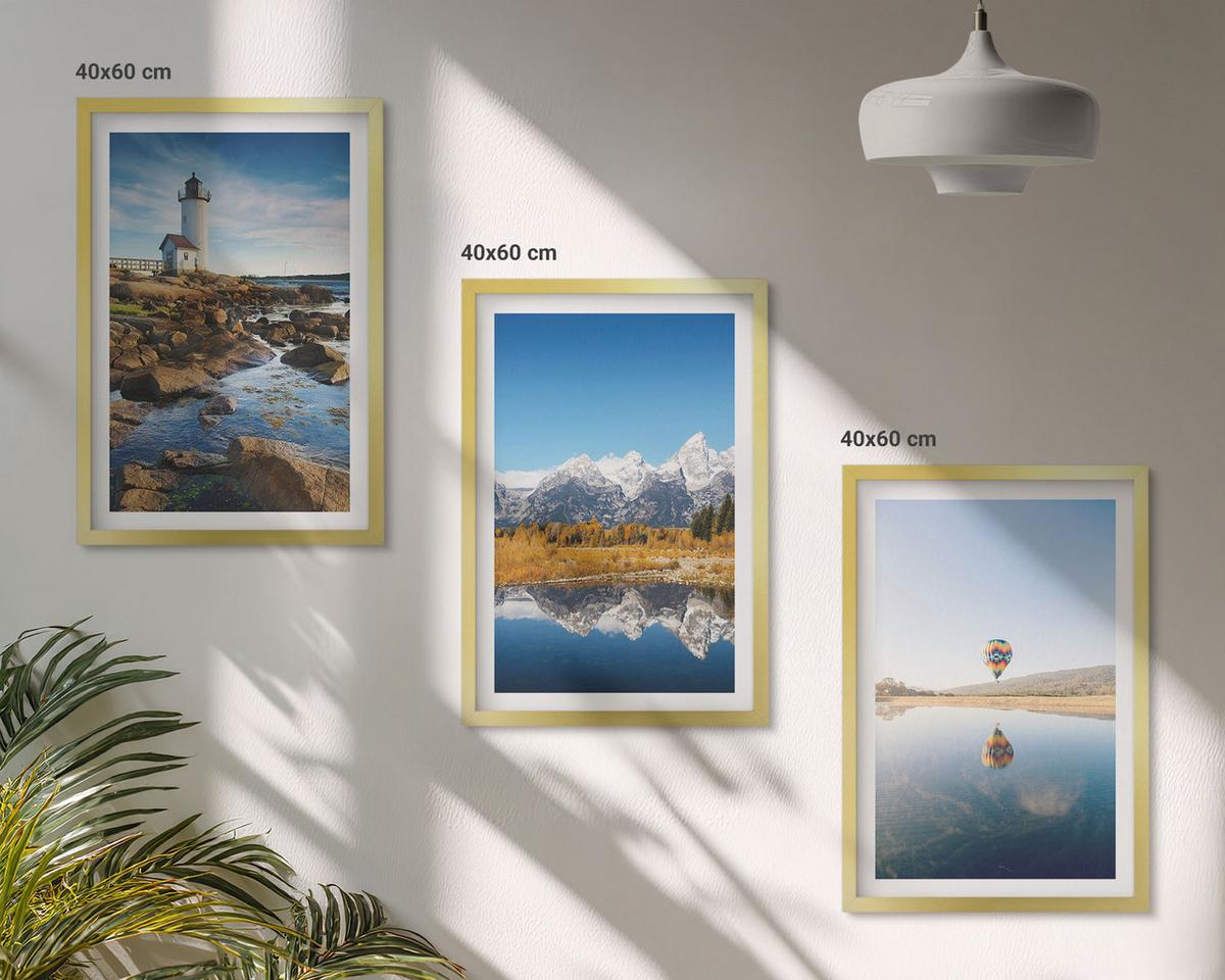 BILDER SET 3er Set - 40x60 cm Goldrahmen - Naturansichten, Leuchtturm, Berge, Ballonfahrt - Goldfarben, Kunststoff (40/60cm) - TULUP