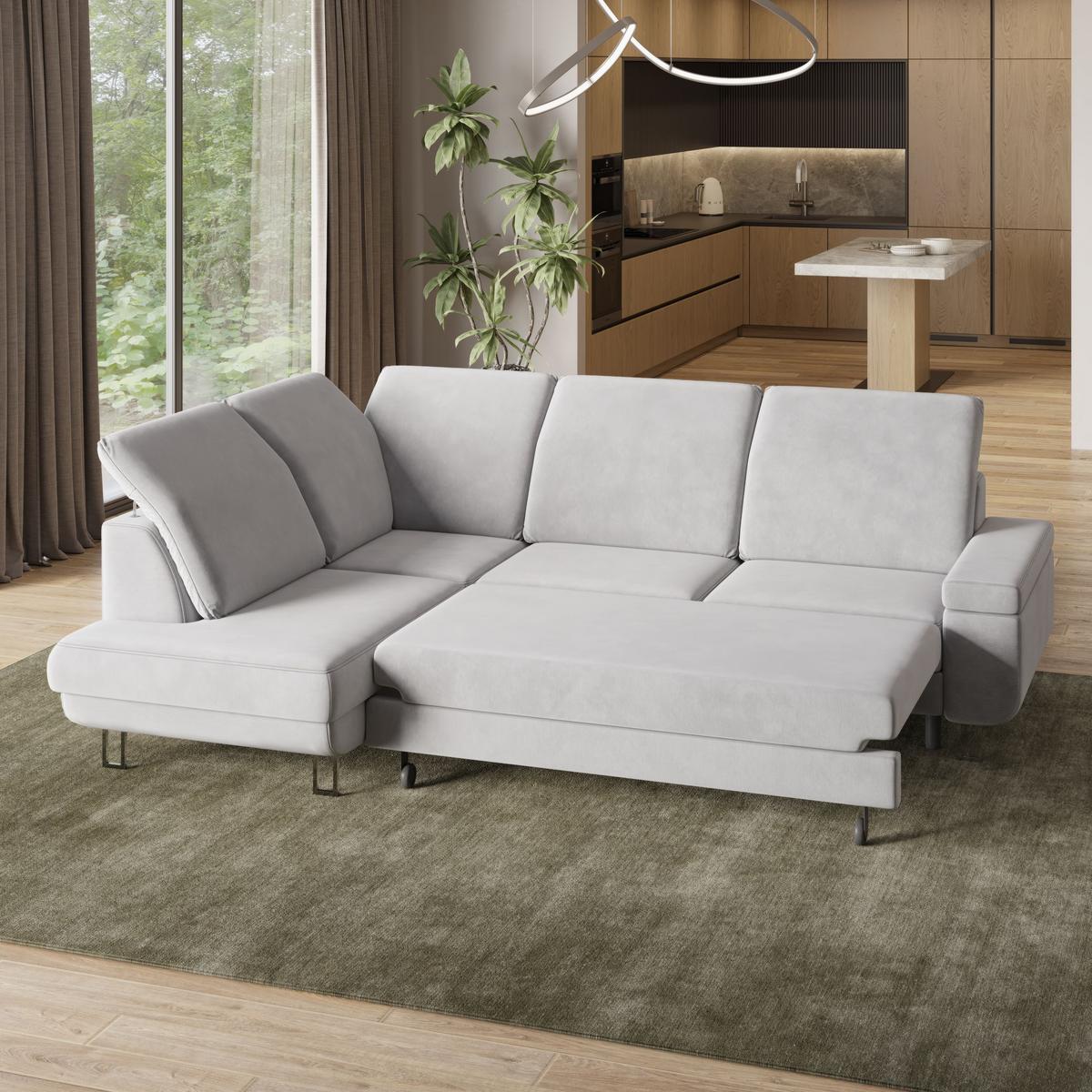ECKSOFA LERMA L-S Grün Velours-Stoff mit Schlaffunktion - Silberfarben/Grün, Holz/Textil (253/190cm) - MASSENO