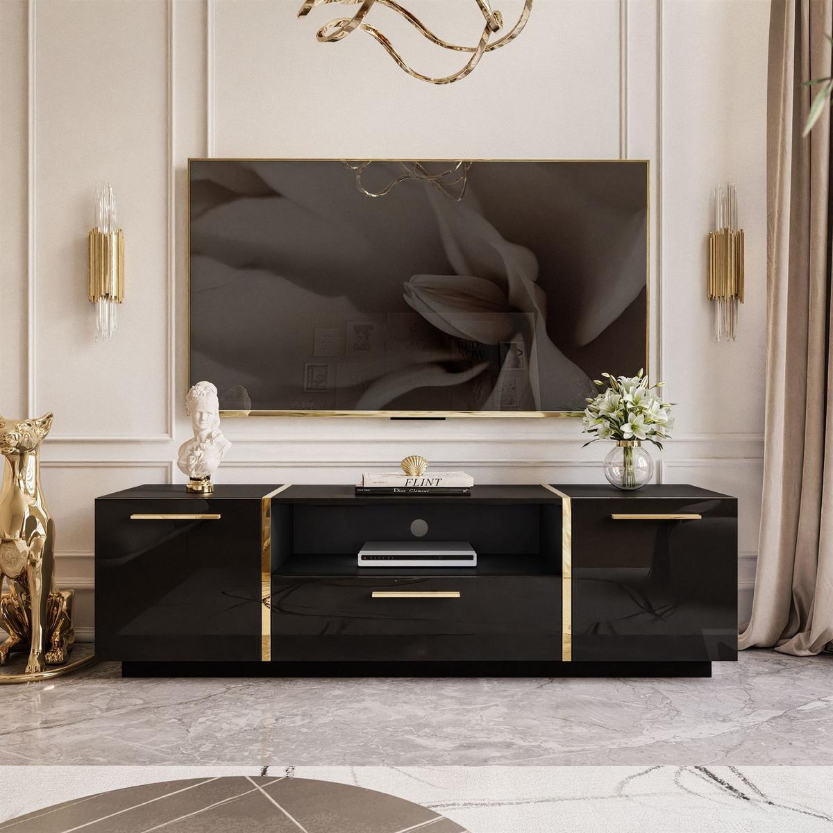 TV-ELEMENT ONYX HOCHGLANZ 158 CM - Goldfarben/Schwarz, Holzwerkstoff (158/46/41.3cm) - Lookway