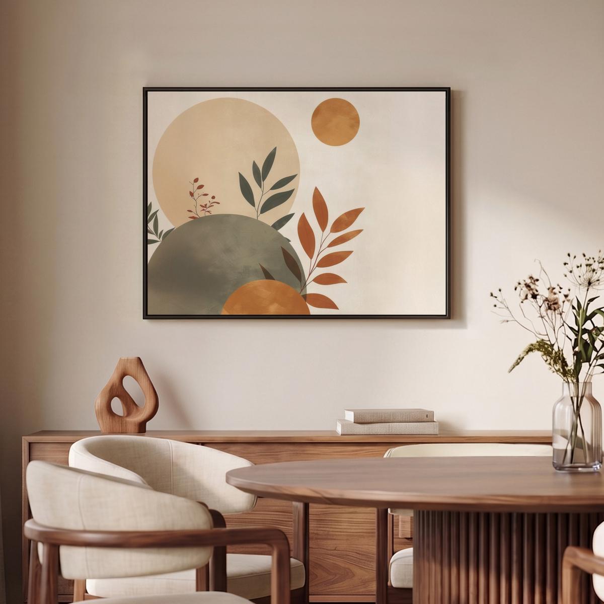 LEINWAND Bilder mit Rahmen - Formen - Rund - Blätter - Beige - 70x50 - Rostfarben, Textil (70/50cm) - MuchoWow