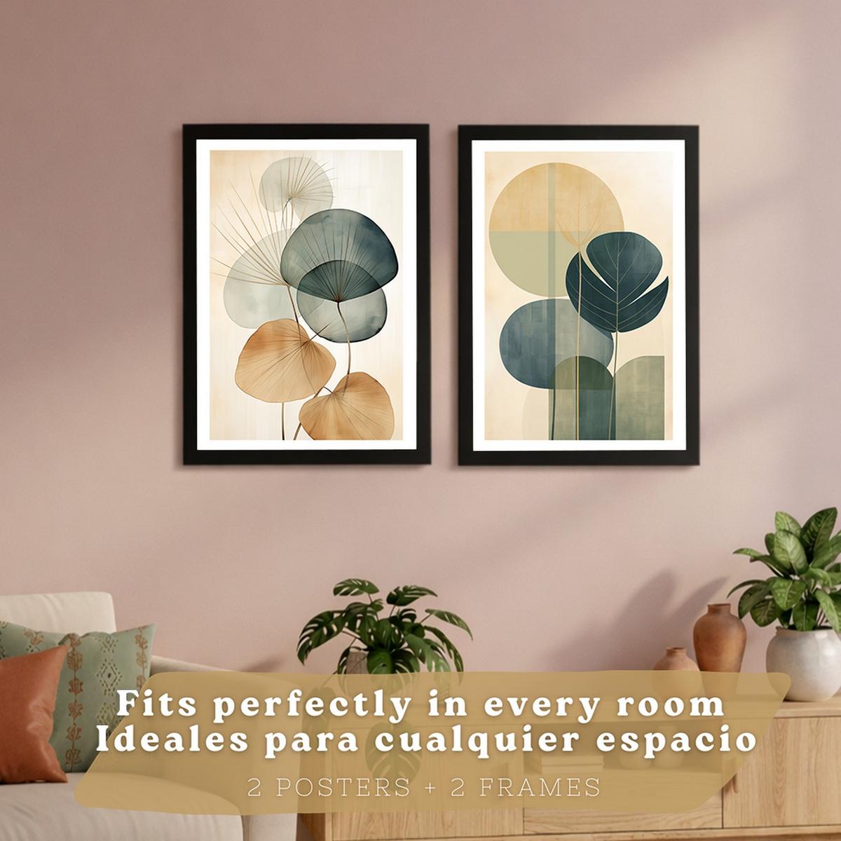POSTER 2er Bilder-Set Wandbilder Geometrische Blumen modern Wohnzimmer Deko, Schlafzimmer, Küche, Badezimmer Schwarzer Rahmen A3 - Schwarz, Papier (29.7/1/42cm) - Nacnic