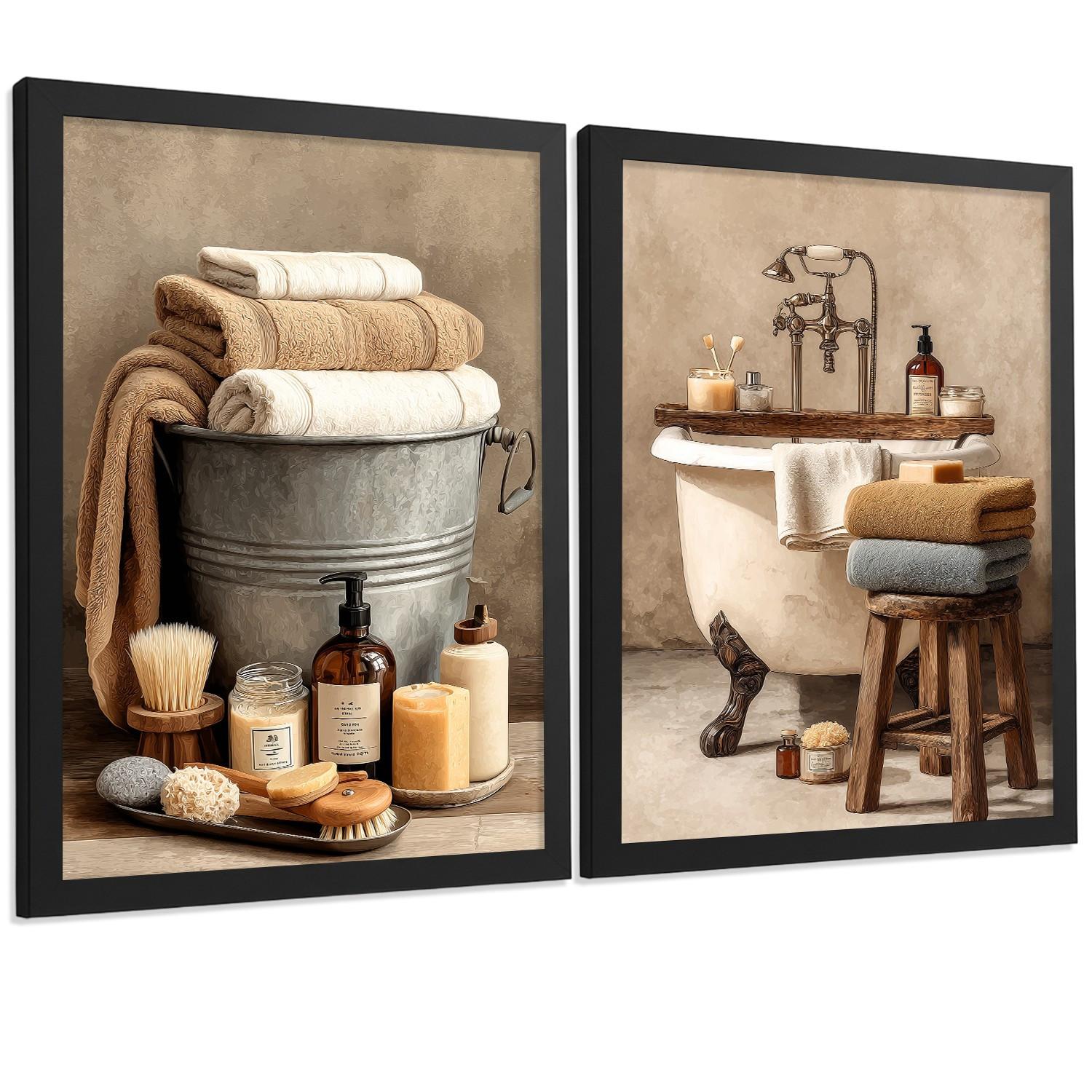 POSTER 2er-Set dekorative Badezimmerdrucke, rustikaler Stil, Vintage-Spa-Bilder mit Handtüchern und Badewanne,, Wohndekoration Schwarzer Rahmen A4 - Schwarz, Papier (29.7/21/3cm) - Nacnic
