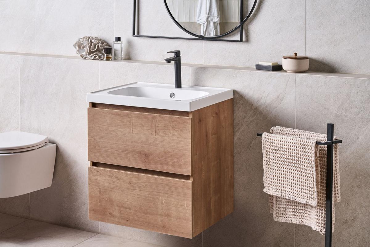 WASCHBECKENUNTERSCHRANK wandmontiertk mit Waschbecken Hellbraun Lagoa - Hellbraun, Holzwerkstoff (60/60/50cm) - Beliani