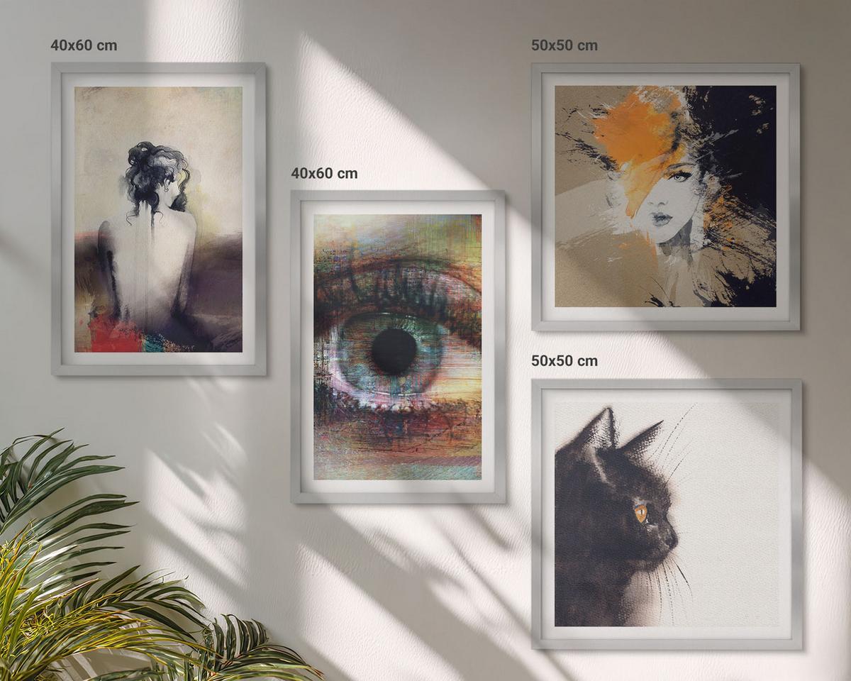 BILDER SET 4er Set - 50x50 cm & 40x60 cm Silberner Rahmen - Porträt einer Frau, Auge, Farben, Emotionen - Silberfarben, Kunststoff (50/50cm) - TULUP