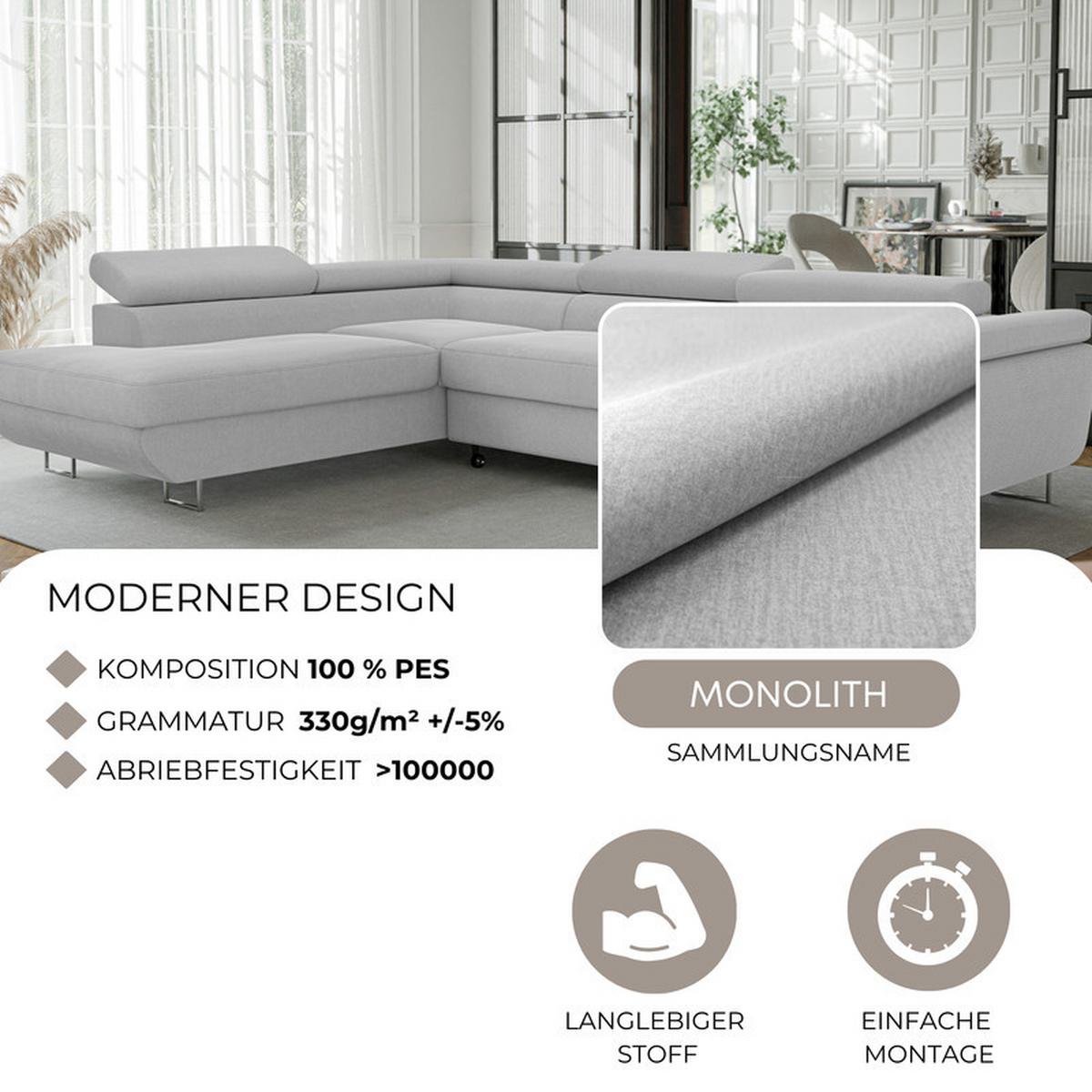 ECKSOFA ANTON links, mit Schlaffunktion und Bettkasten Hellgrau - Chromfarben/Hellgrau, Textil/Metall (274/203cm) - Idohome