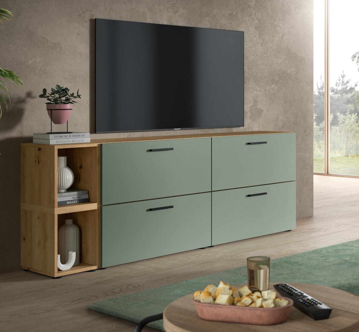 TV-LOWBOARD Grün, Eiche Artisan 176 cm, Fernsehtisch hängend / stehend - Schwarz/Eiche Artisan, Holzwerkstoff/Kunststoff (176/67/34cm) - Inn.Furn