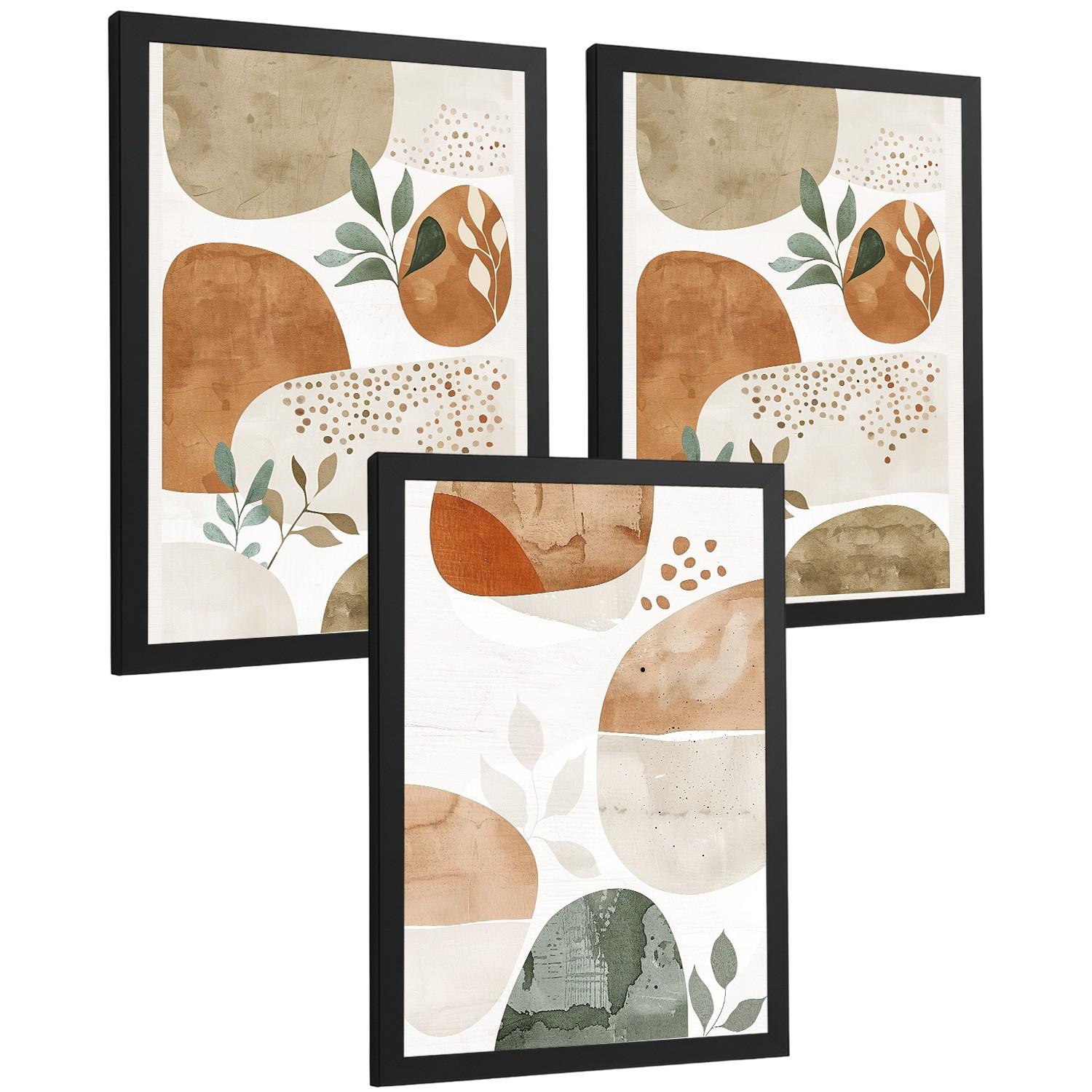 POSTER 3er Kunstdruck-Set Wandbilder Pflanzen Abstrakt Grün Braun modern Wohnzimmer Deko, Schlafzimmer, Küche, Badezimmer Schwarzer Rahmen A3 - Schwarz, Papier (29.7/1/42cm) - Nacnic