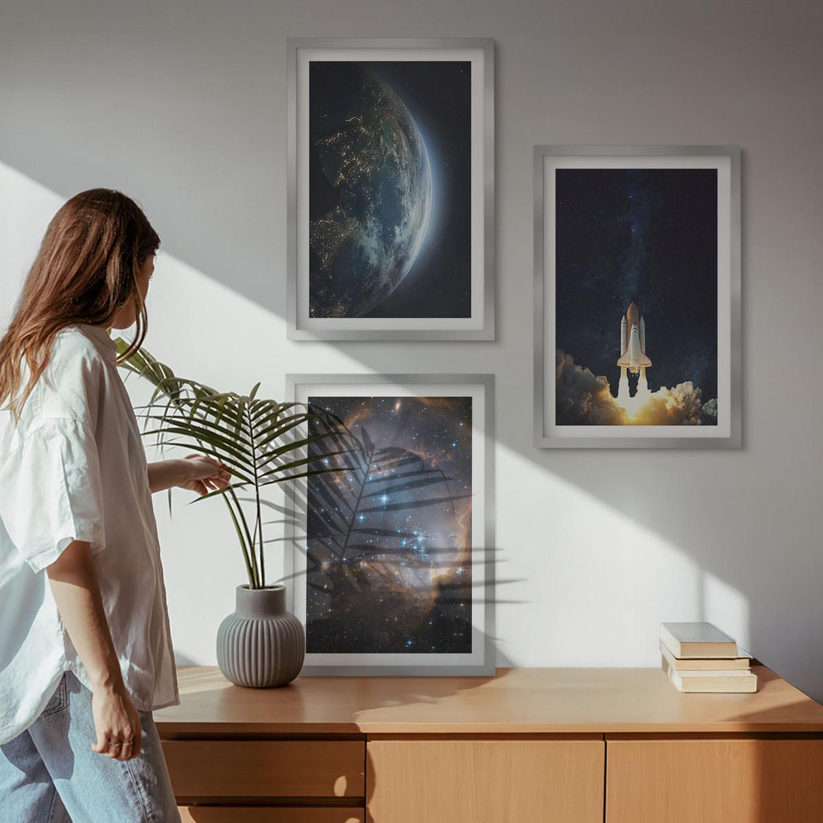 BILDER SET 3er Set - 40x60 cm Silberner Rahmen - Weltraum Erde Rakete Galaxie - Silberfarben, Kunststoff (40/60cm) - TULUP