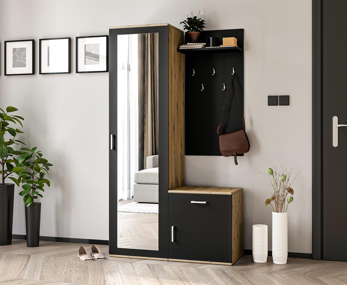GARDEROBENSCHRANK Magnola Artisan Schwarz 100/180,5/35 cm – Modern, mit Spiegel und viel Stauraum - Hellbraun/Schwarz, Holzwerkstoff/Kunststoff (100/180.5/35cm) - AX Living