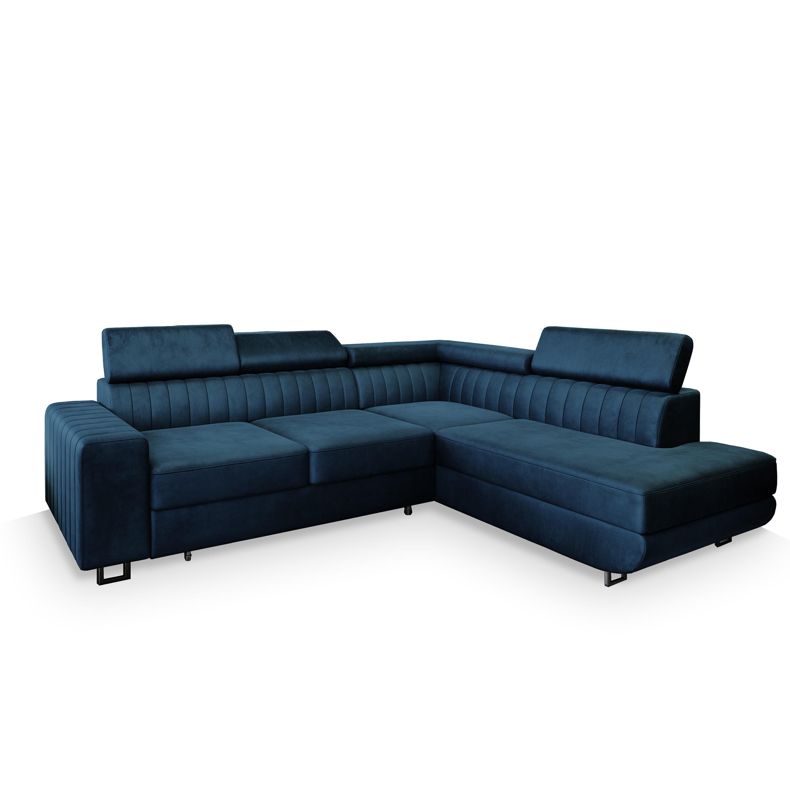 ECKSOFA NOLA R-S Blau Velours-Stoff mit Schlaffunktion - Blau/Silberfarben, Holz/Textil (253/190cm) - MASSENO