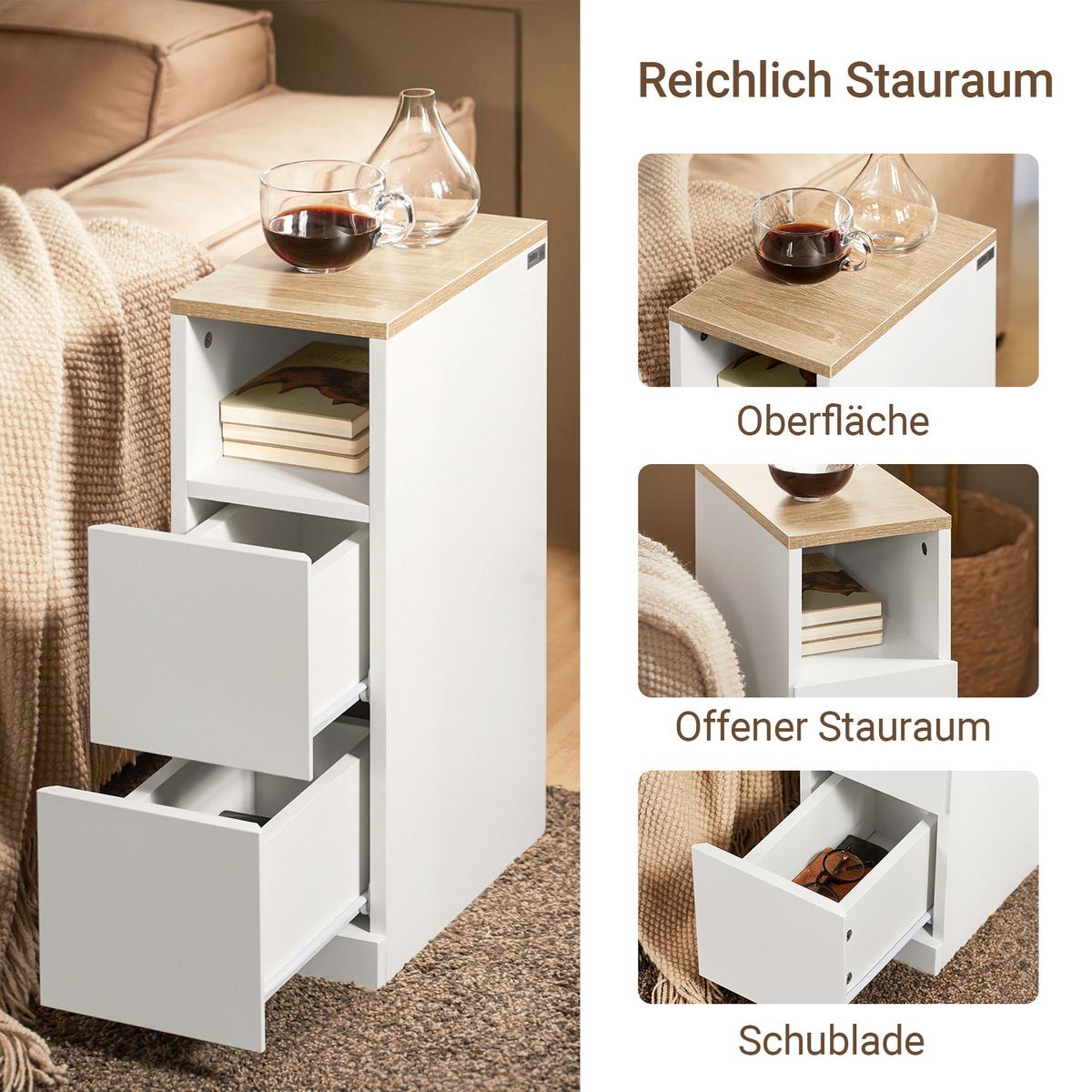 NACHTTISCH mit 2 Schubladen, Schmal, Weiß, 20x60x35cm - Weiß, Holzwerkstoff (20/60/35cm) - SoBuy