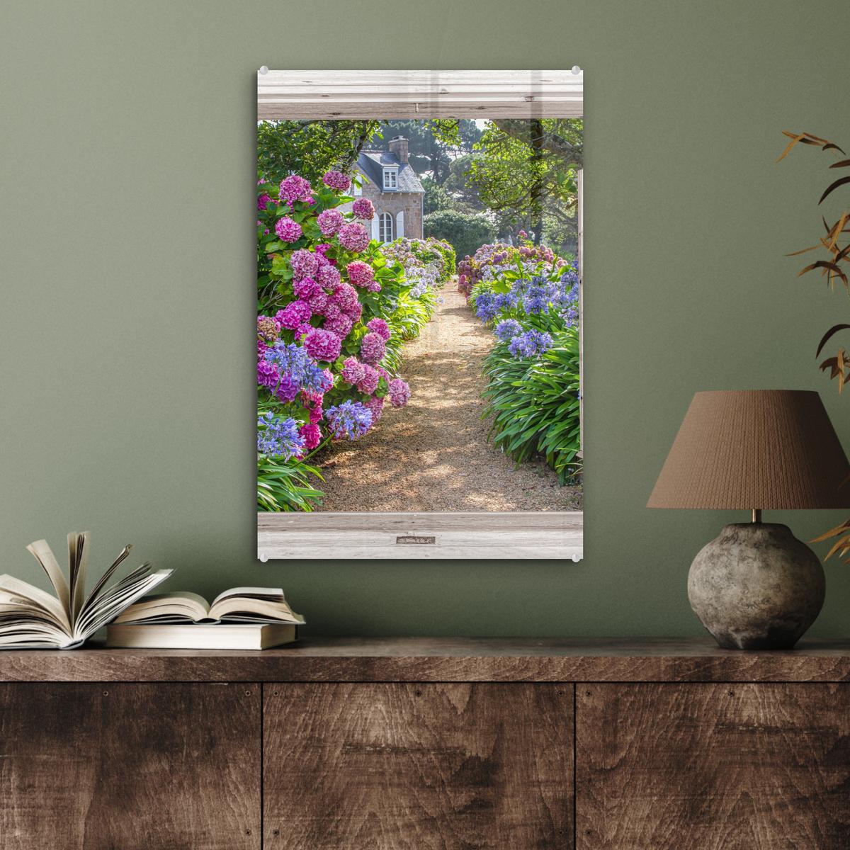 ACRYLGLASBILD Hortensie - Durchsichtig - Blumen - Sommer - Lila - Weg Wanddeko Wohnzimmer 40x60 cm - Lila, Glas (40/60cm) - MuchoWow
