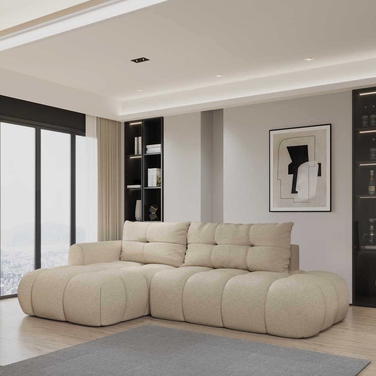 ECKSOFA FLUMA L-S Beige Boucle-Stoff mit Schlaffunktion - Beige, Holz (279/158cm) - MASSENO