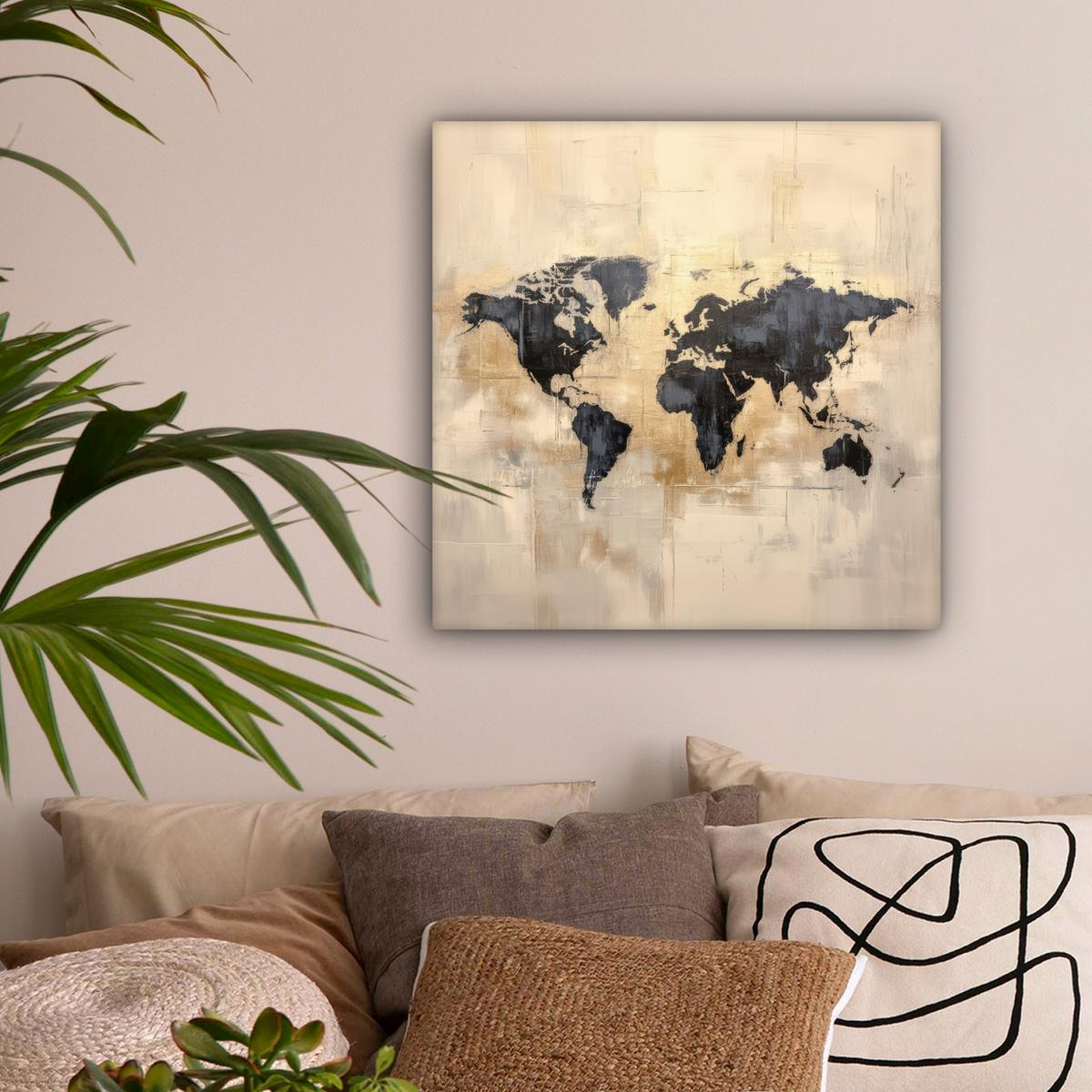 LEINWANDBILD Weltkarte - Gold - Schwarz - Abstrakt Wandbild Wohnzimmer 50x50 cm - Kupferfarben, Textil (50/50cm) - MuchoWow