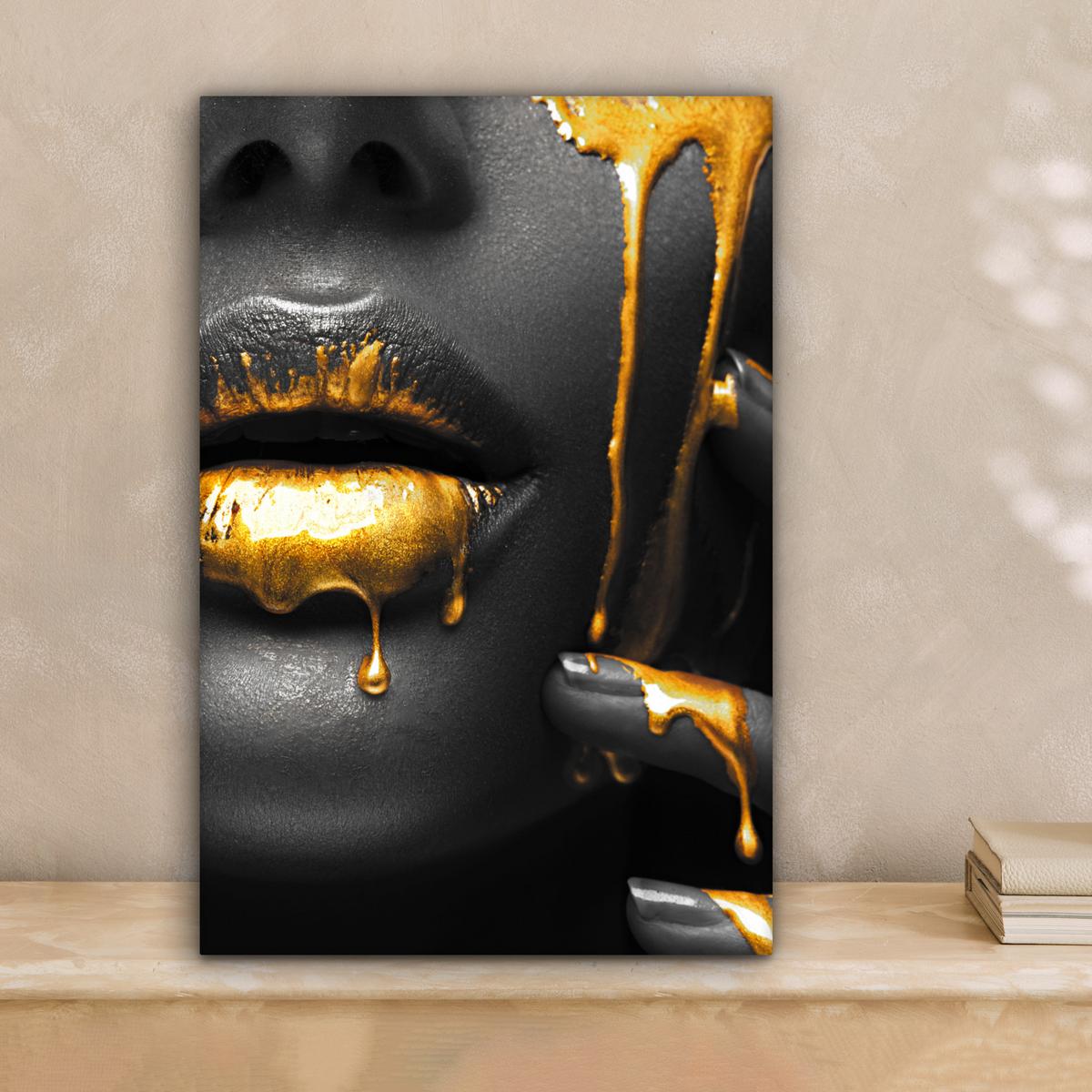 LEINWANDBILD Frau - Schwarz - Gold - Gesicht - Lippen Deko Wohnzimmer 20x30 cm - Goldfarben, Textil (20/30cm) - MuchoWow